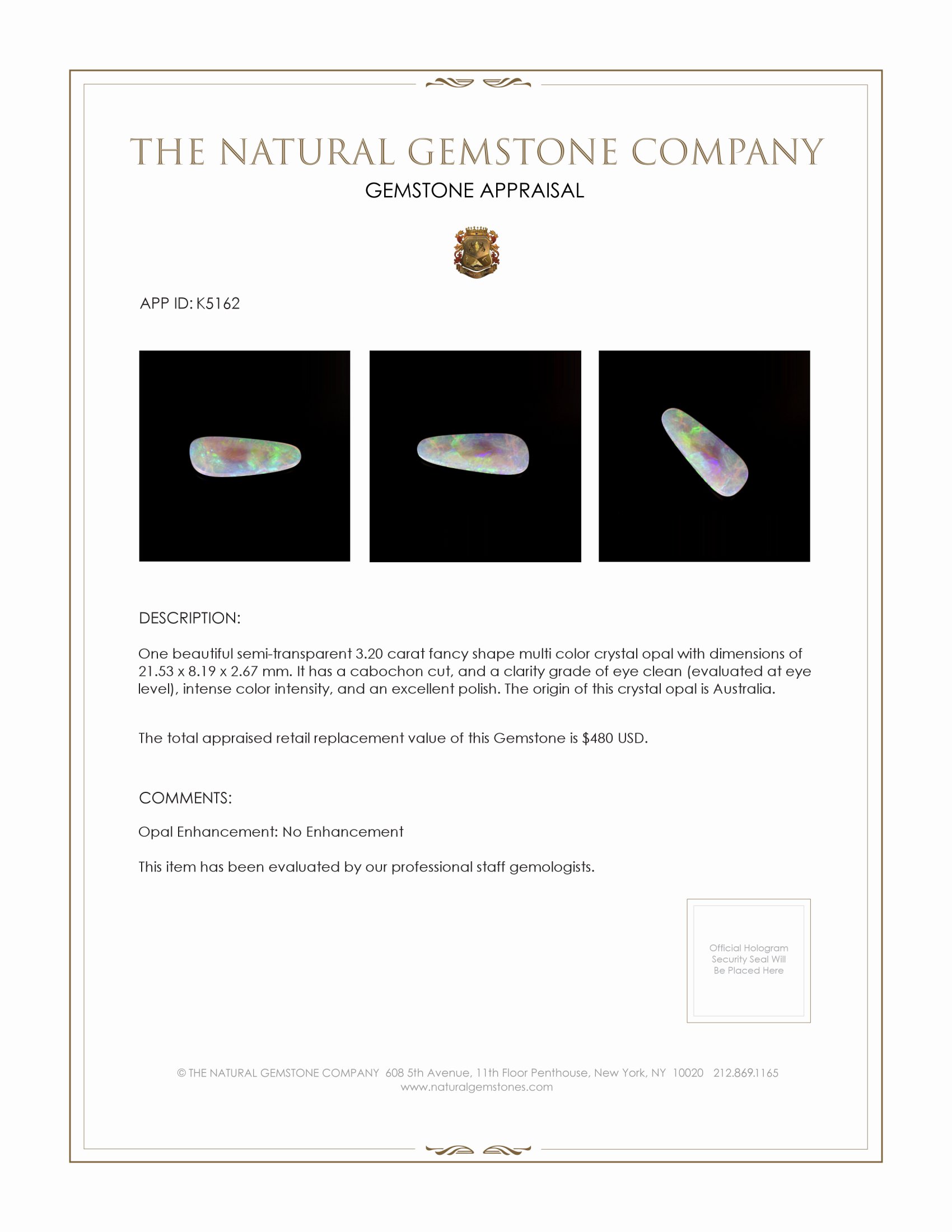 3.20 Ct. Cabochon Crystal/Jelly Opal from Australia