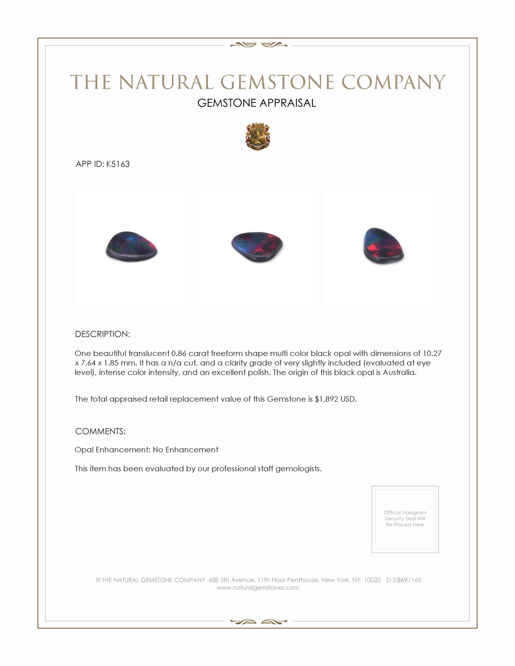 0.86 Ct. Black Opal from Australia