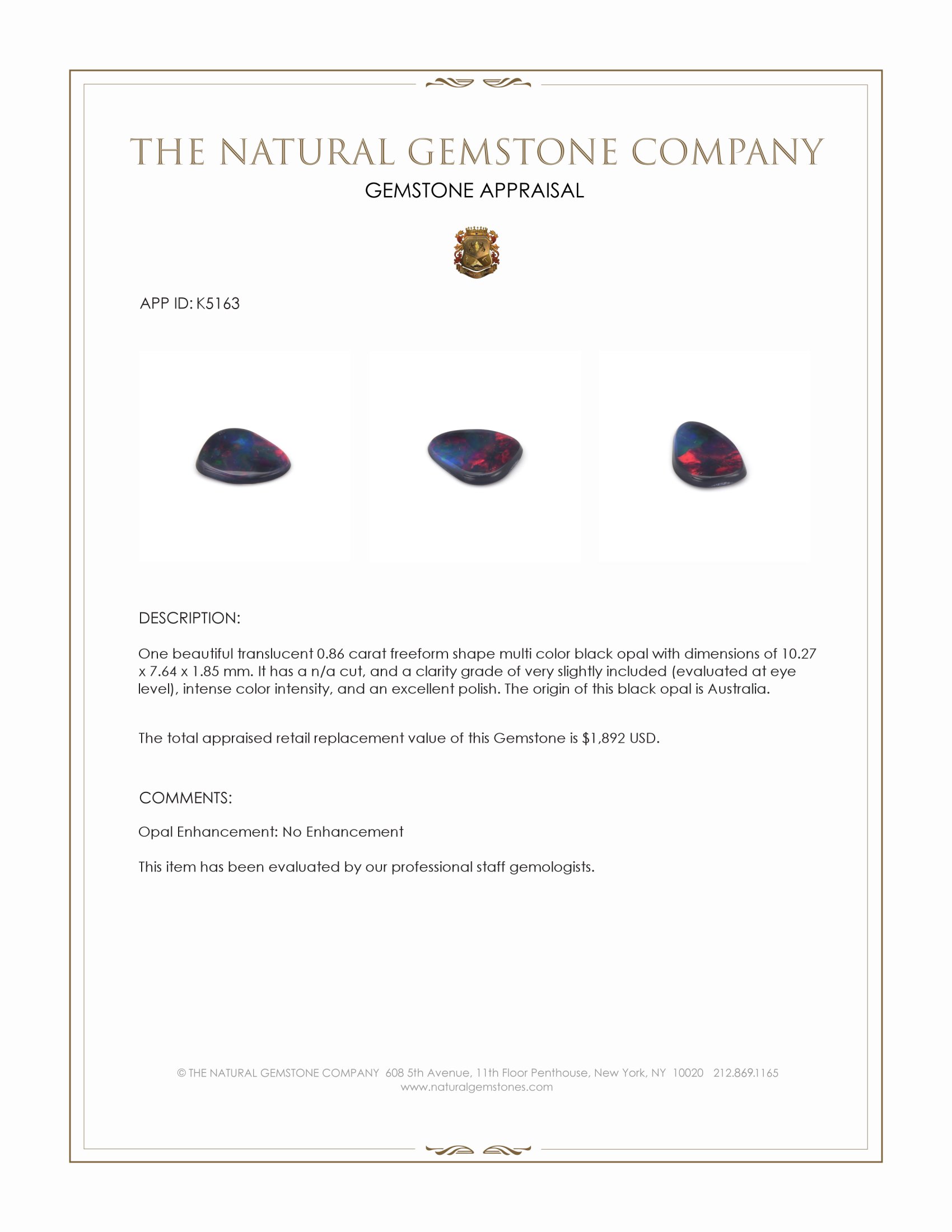 0.86 Ct. Multi Color Black Opal from Australia