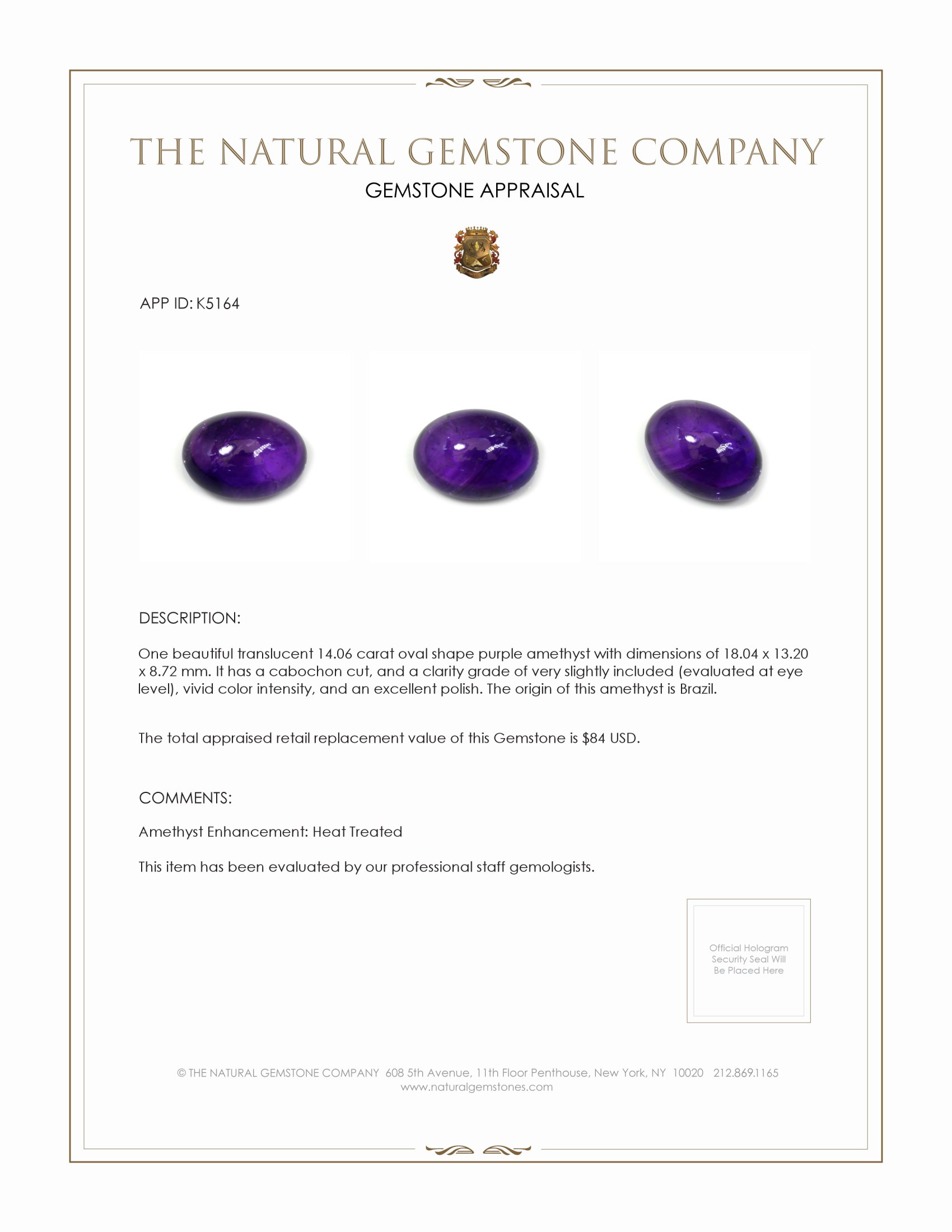 14.06 Ct. Cabochon Amethyst from Brazil