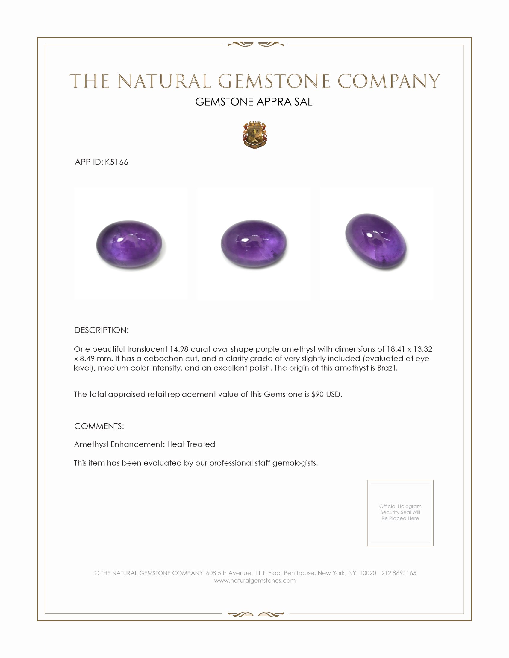 14.98 Ct. Cabochon Amethyst from Brazil