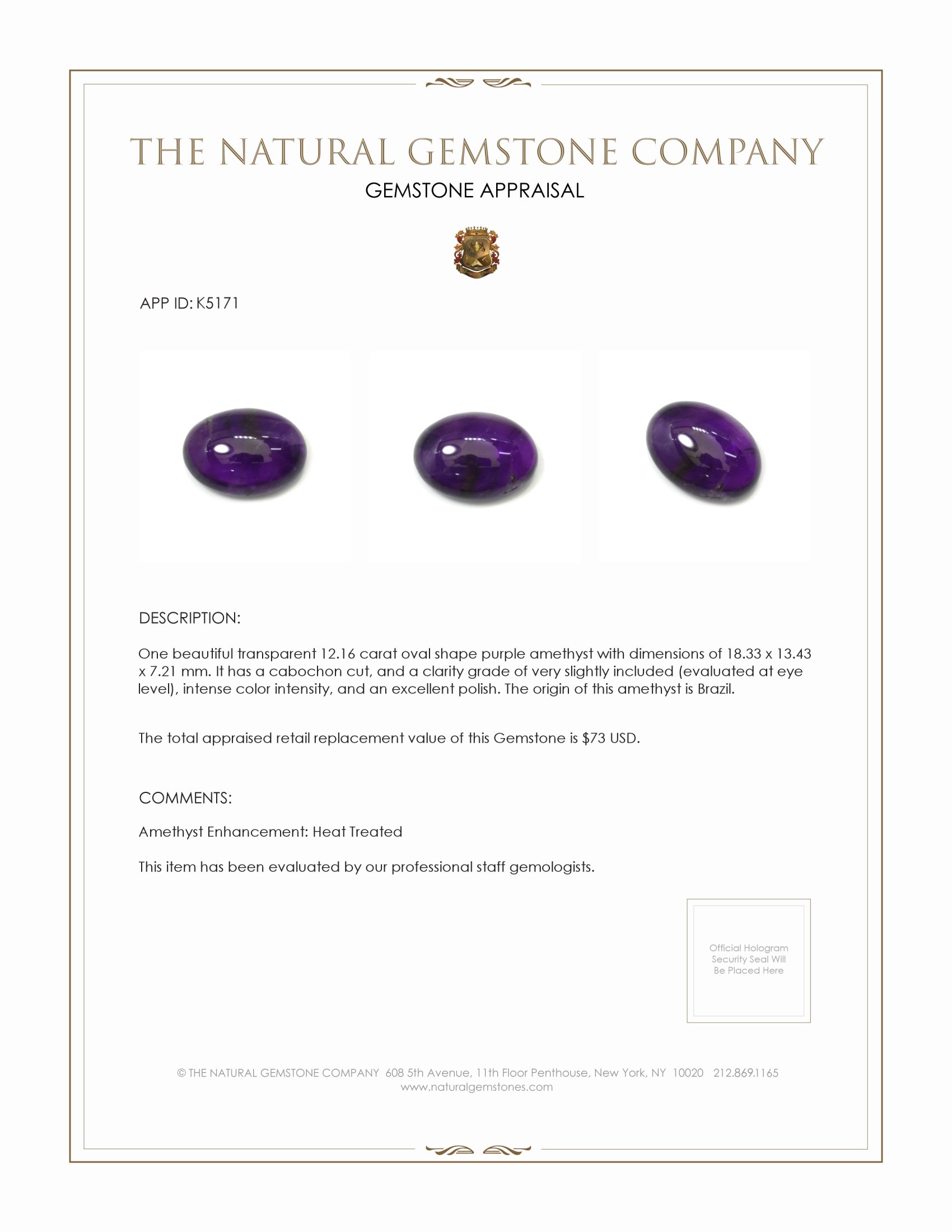 12.16 Ct. Cabochon Amethyst from Brazil