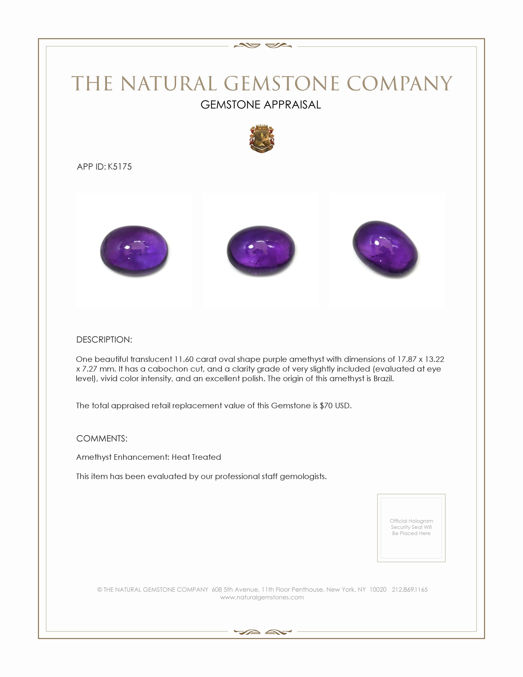 11.60 Ct. Cabochon Amethyst from Brazil