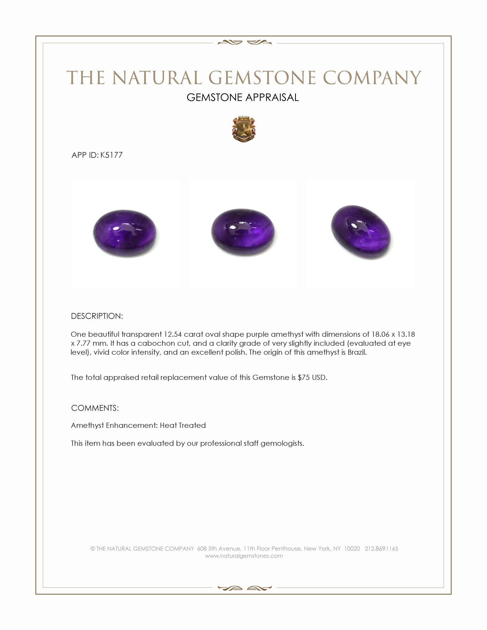 12.54 Ct. Cabochon Amethyst from Brazil