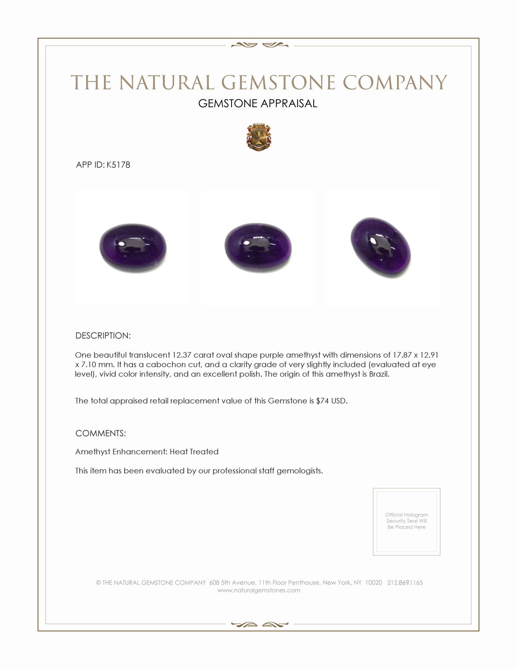 12.37 Ct. Cabochon Amethyst from Brazil