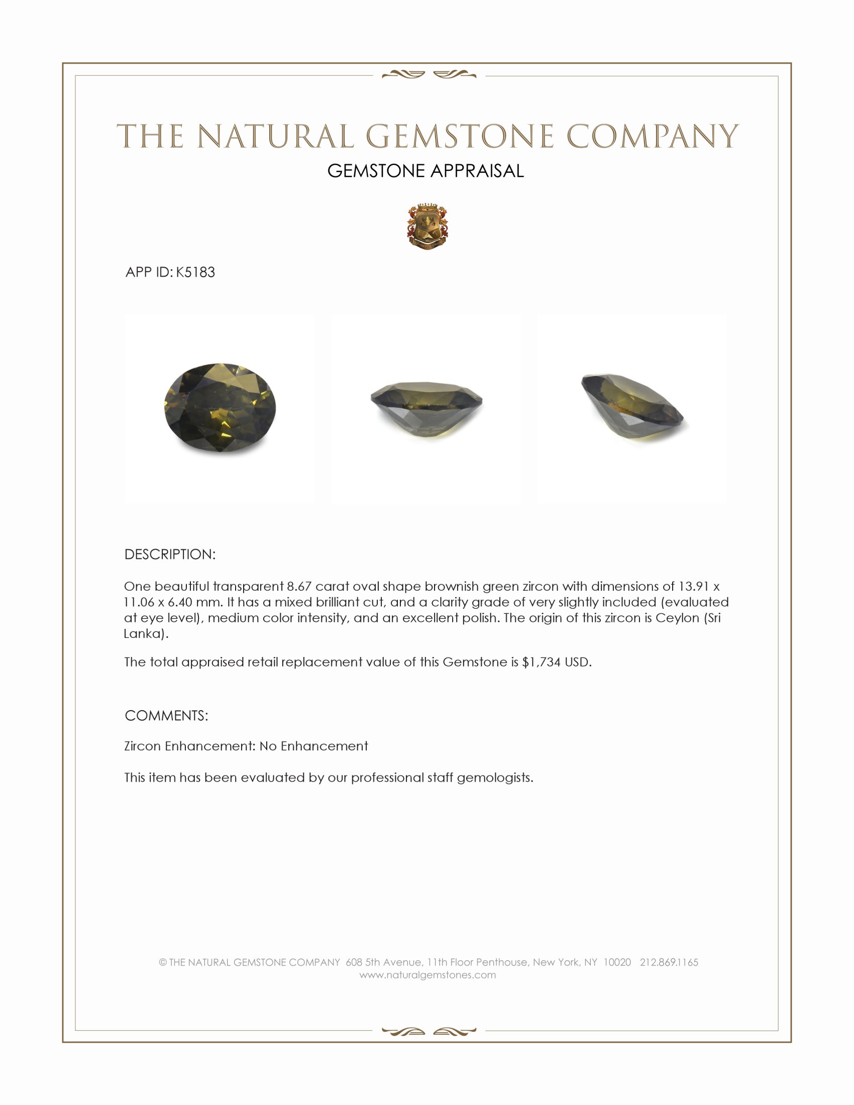 8.67 Ct. Brownish Green Zircon from Ceylon (Sri Lanka)