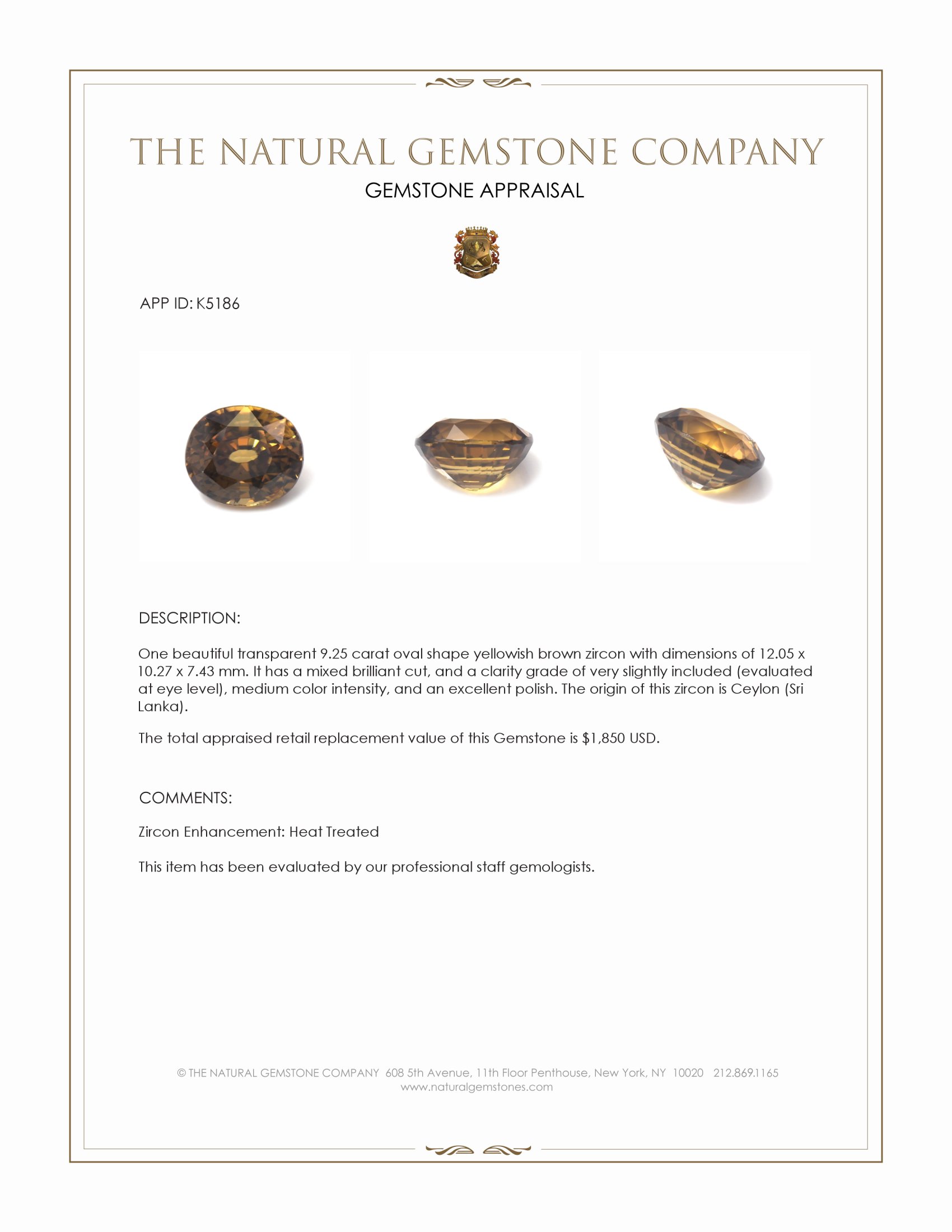 9.25 Ct. Yellowish Brown Zircon from Ceylon (Sri Lanka)