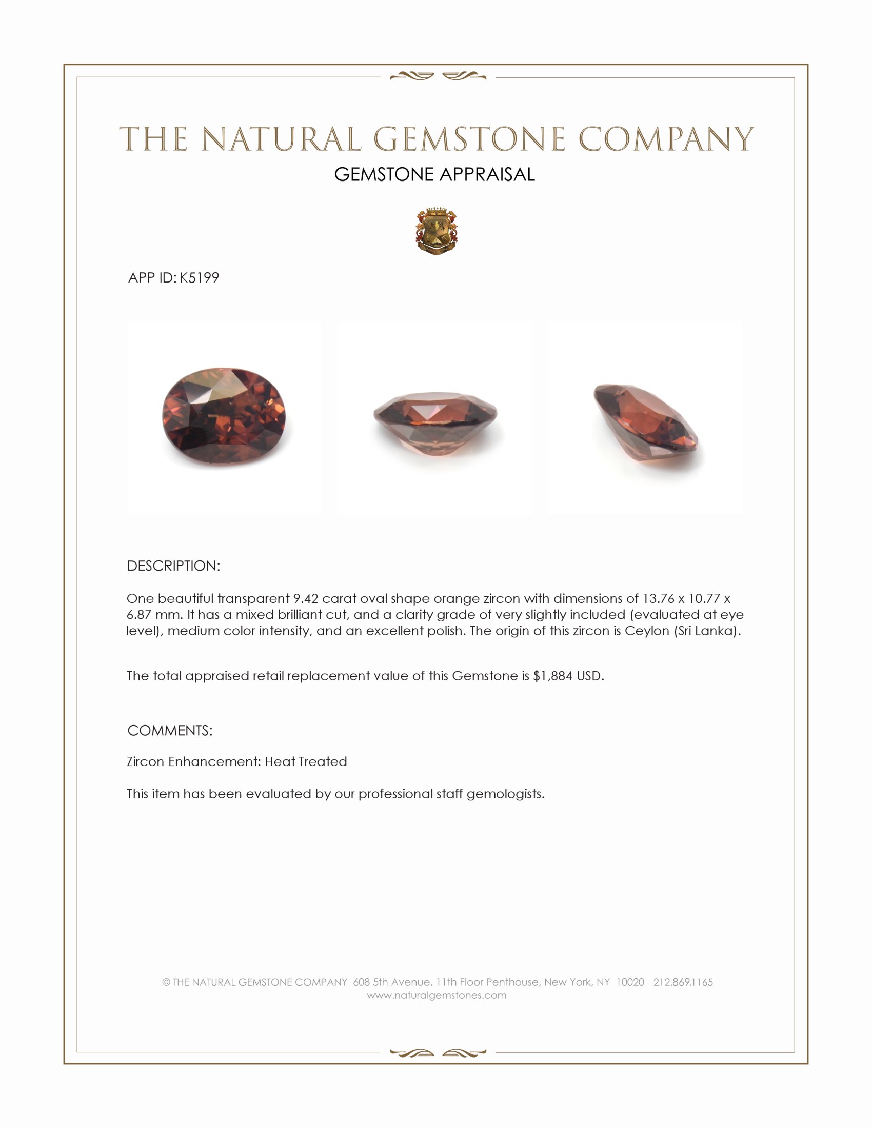 9.42 Ct. Orangish Brown Zircon from Ceylon (Sri Lanka)