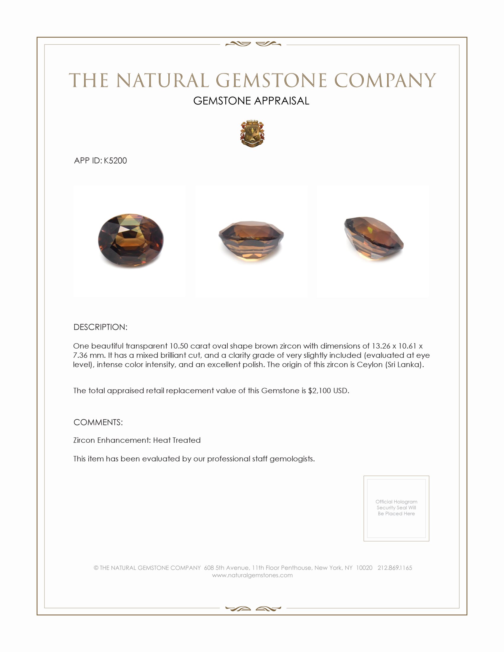 10.50 Ct. Brown Zircon from Ceylon (Sri Lanka)