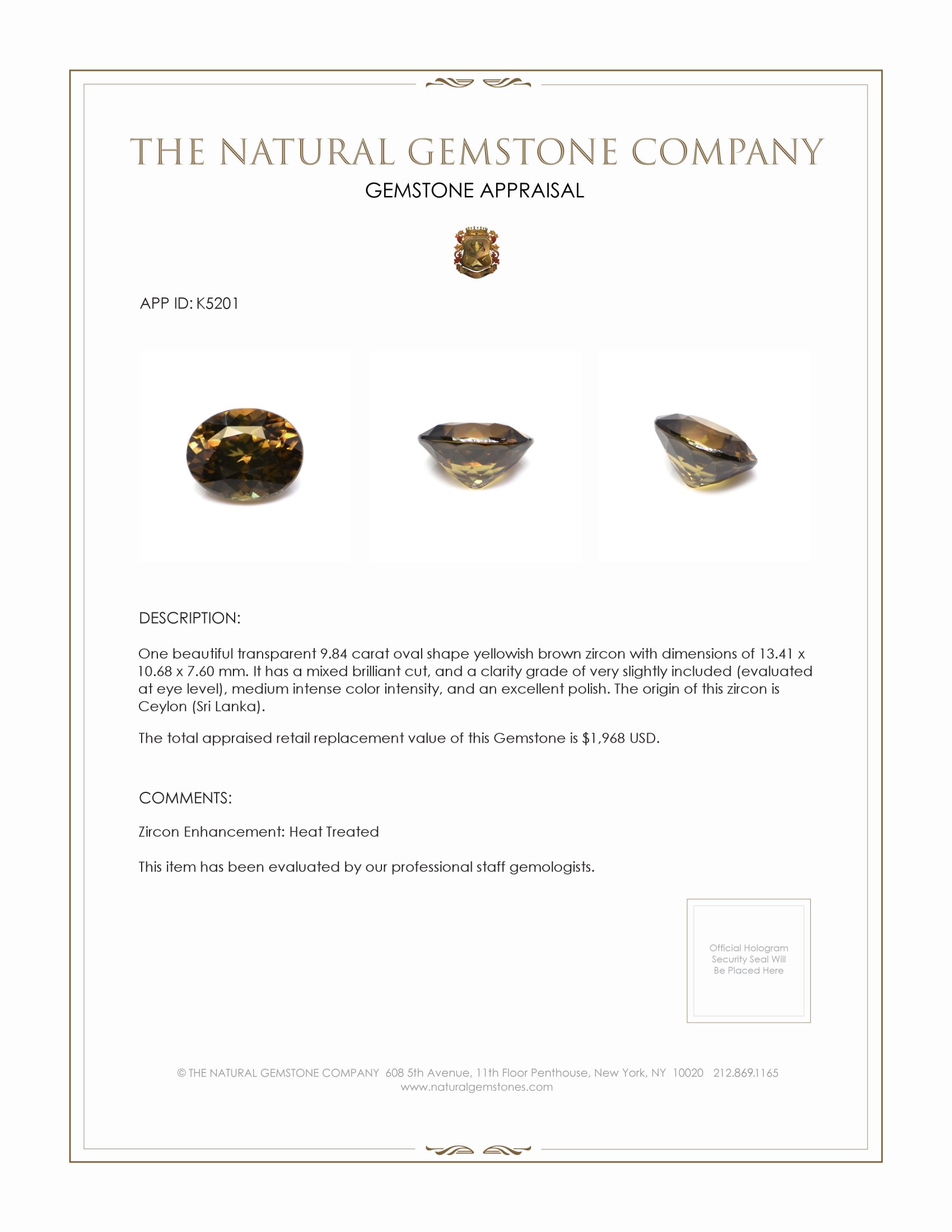 9.84 Ct. Yellowish Brown Zircon from Ceylon (Sri Lanka)