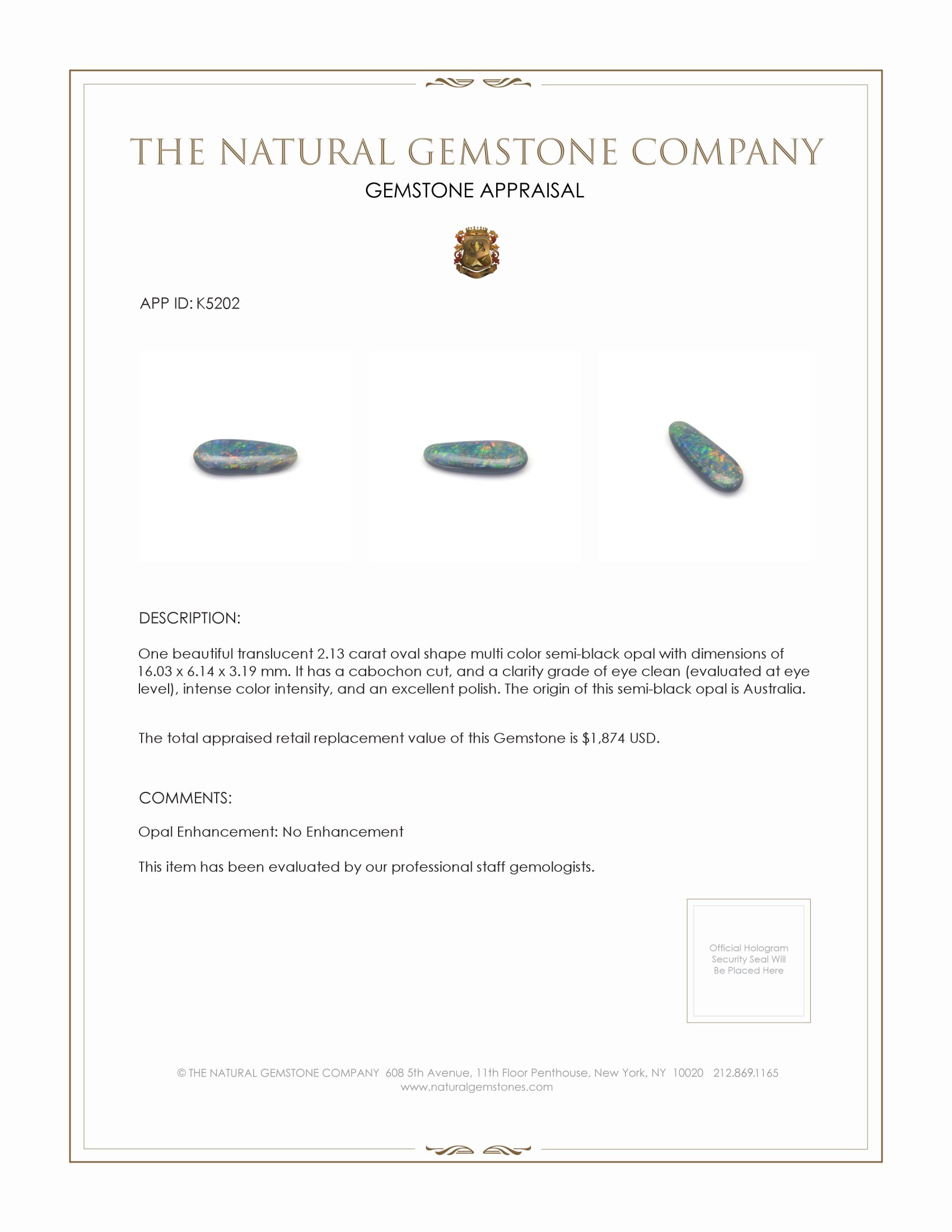 2.13 Ct. Cabochon Semi-Black Opal from Australia