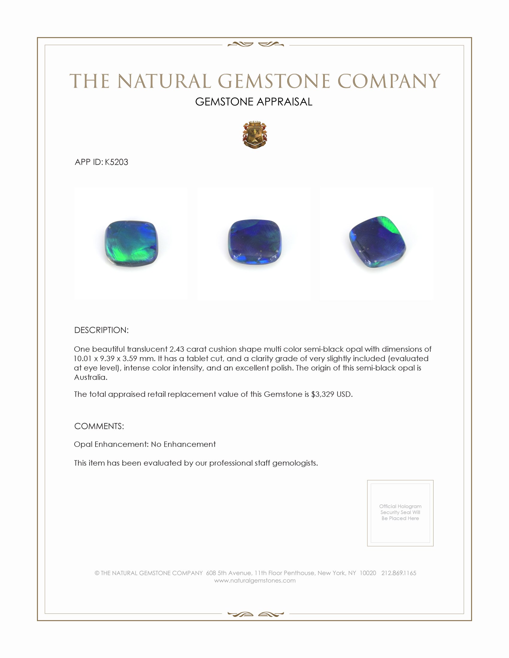 2.43 Ct. Multi Color Semi-Black Opal from Australia