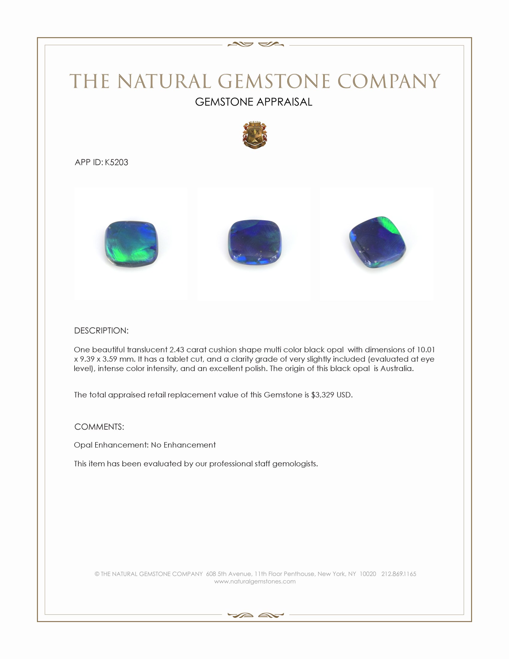 2.43 Ct. Multi Color Black Opal (Dark Opal) from Australia