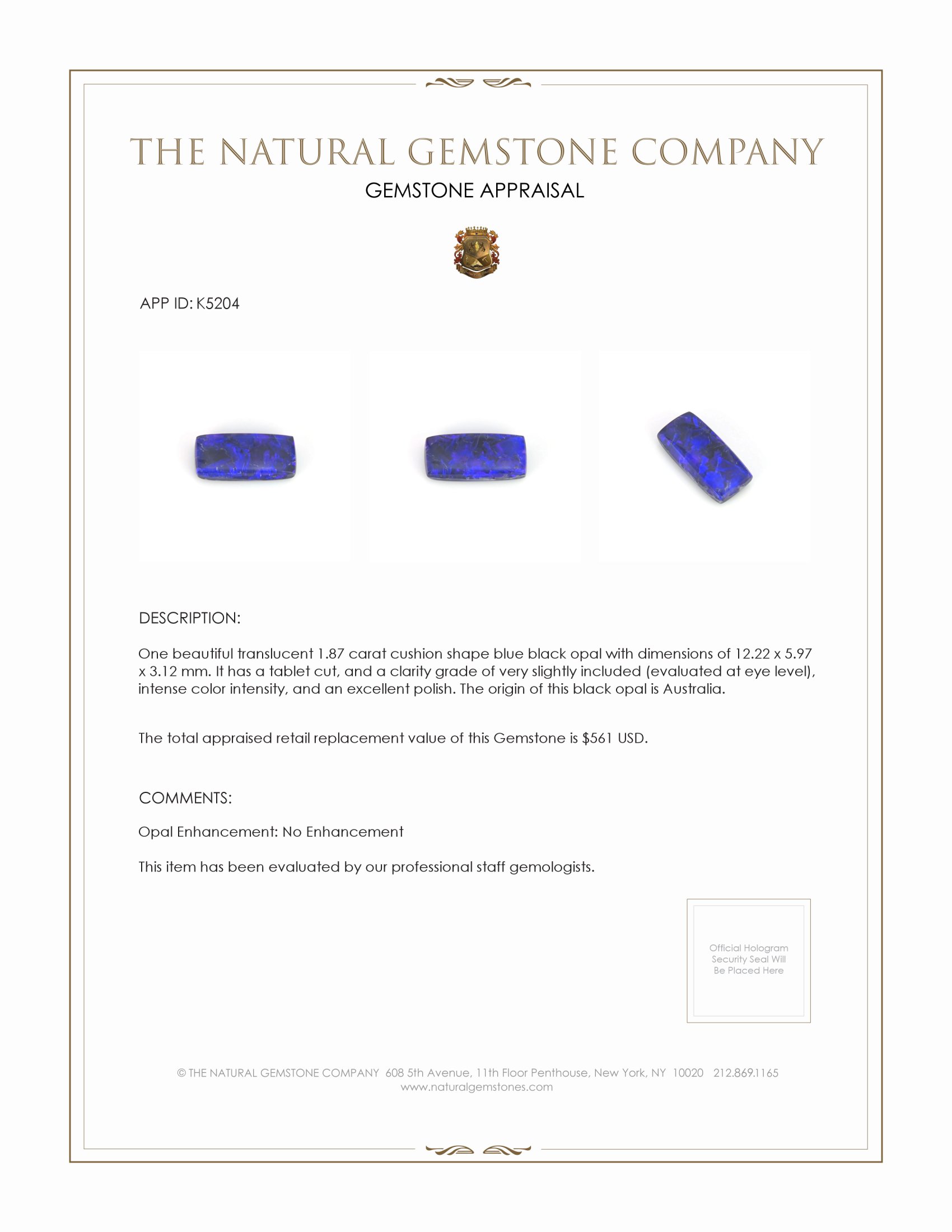 1.87 Ct. Black Opal from Australia