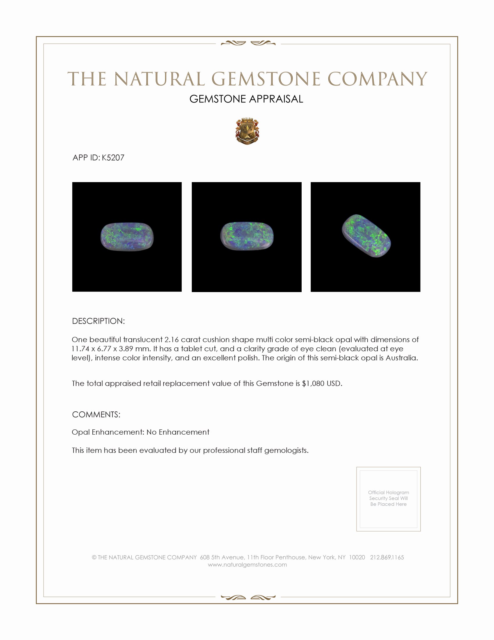 2.16 Ct. Semi-Black Opal from Australia