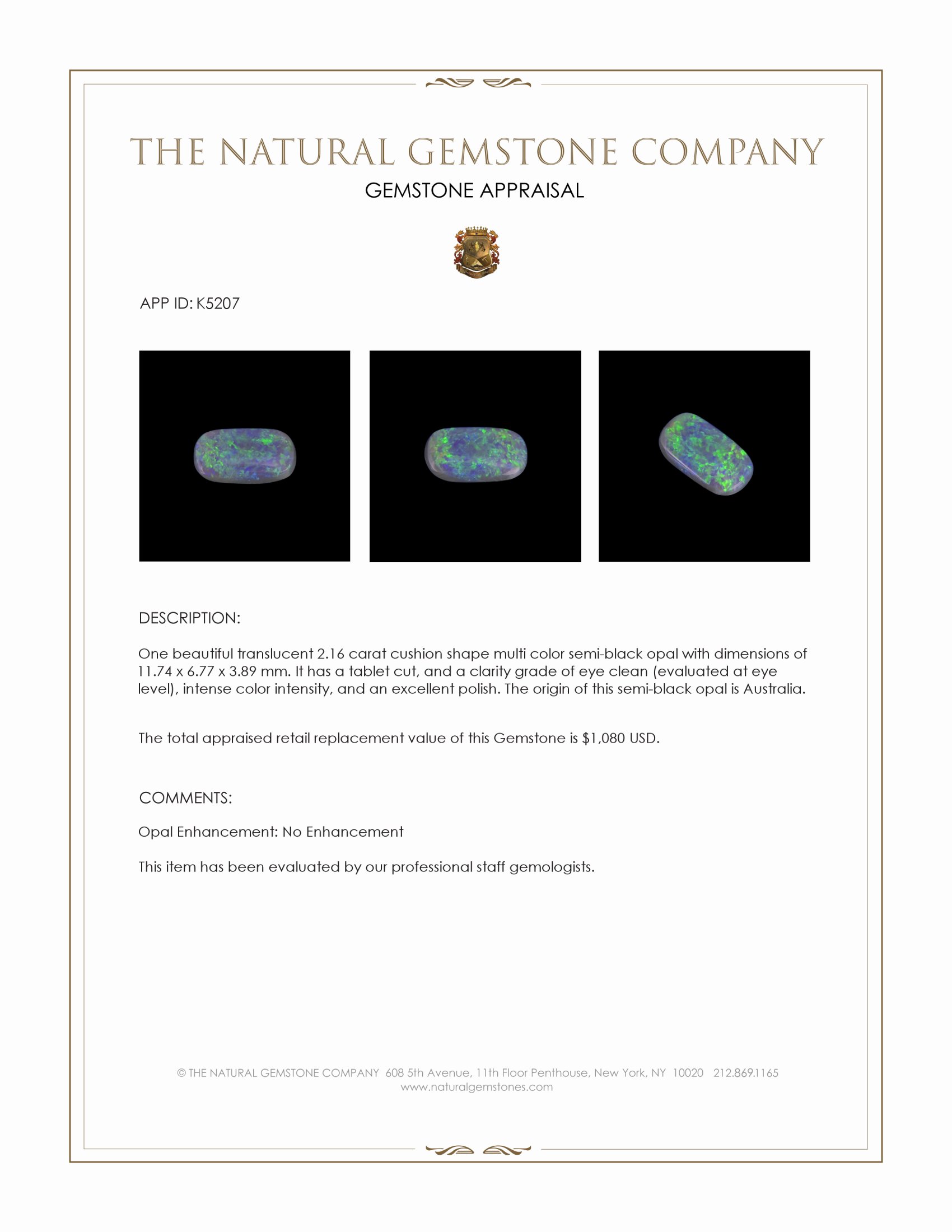 2.16 Ct. Multi Color Semi-Black Opal from Australia