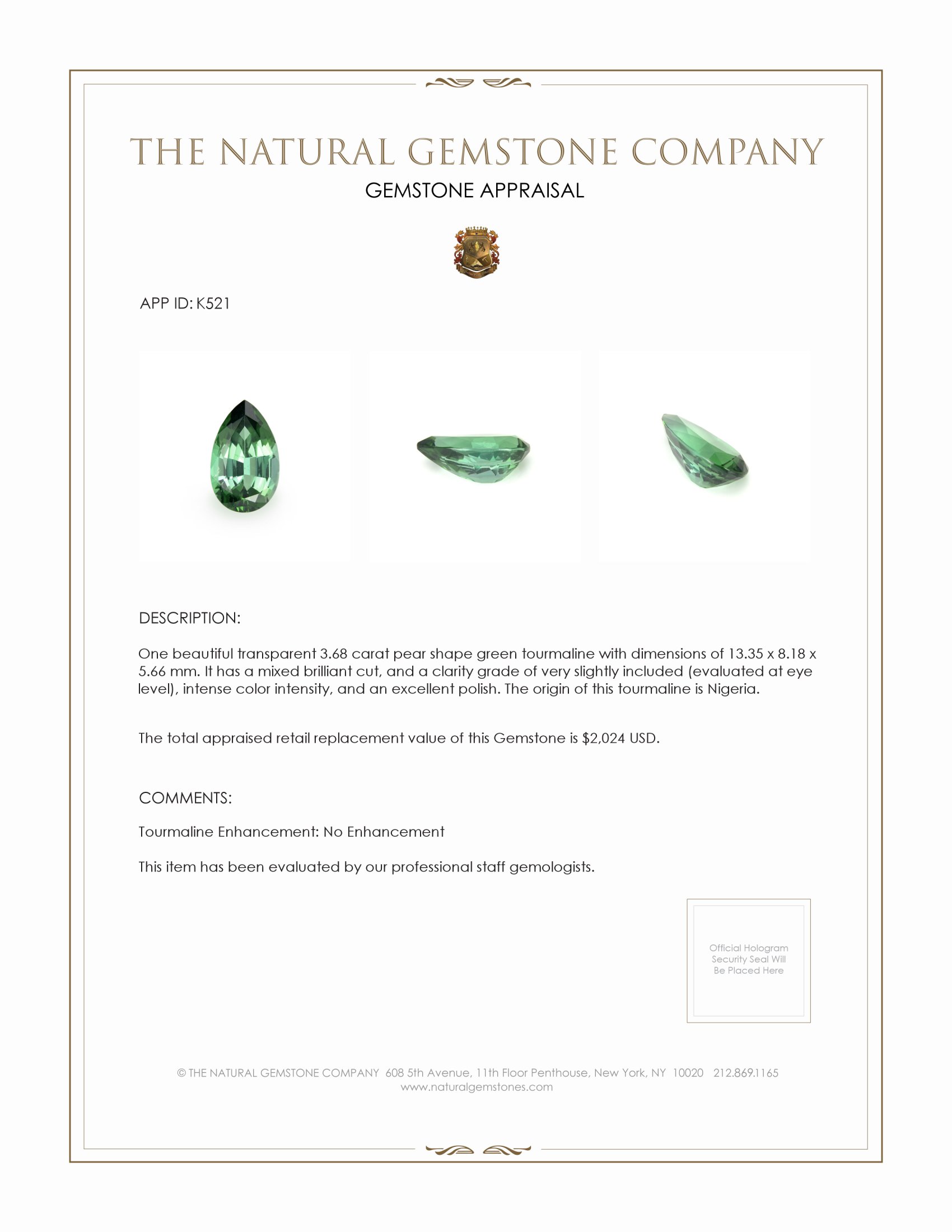 3.68 Ct. Tourmaline from Nigeria