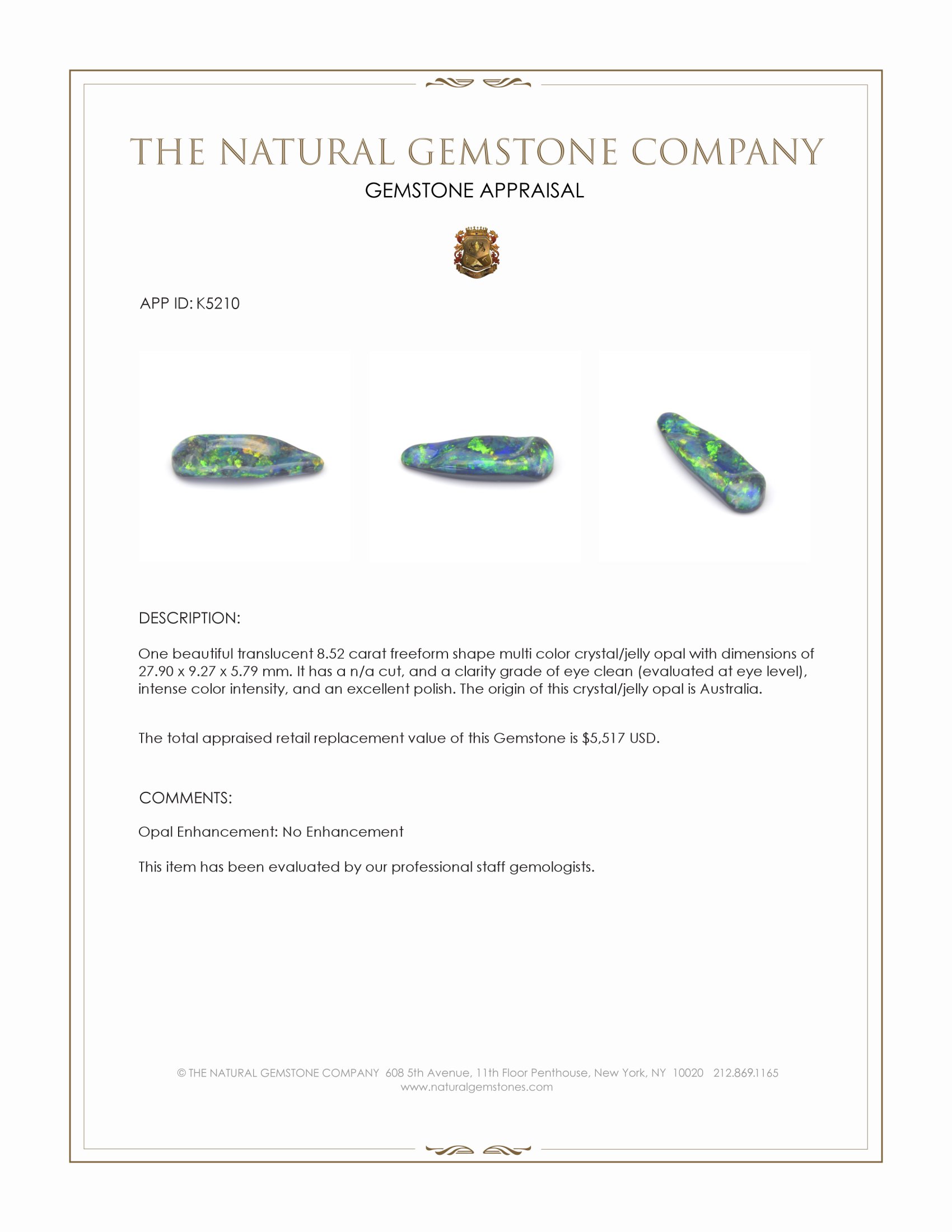 8.52 Ct. Cabochon Crystal/Jelly Opal from Australia