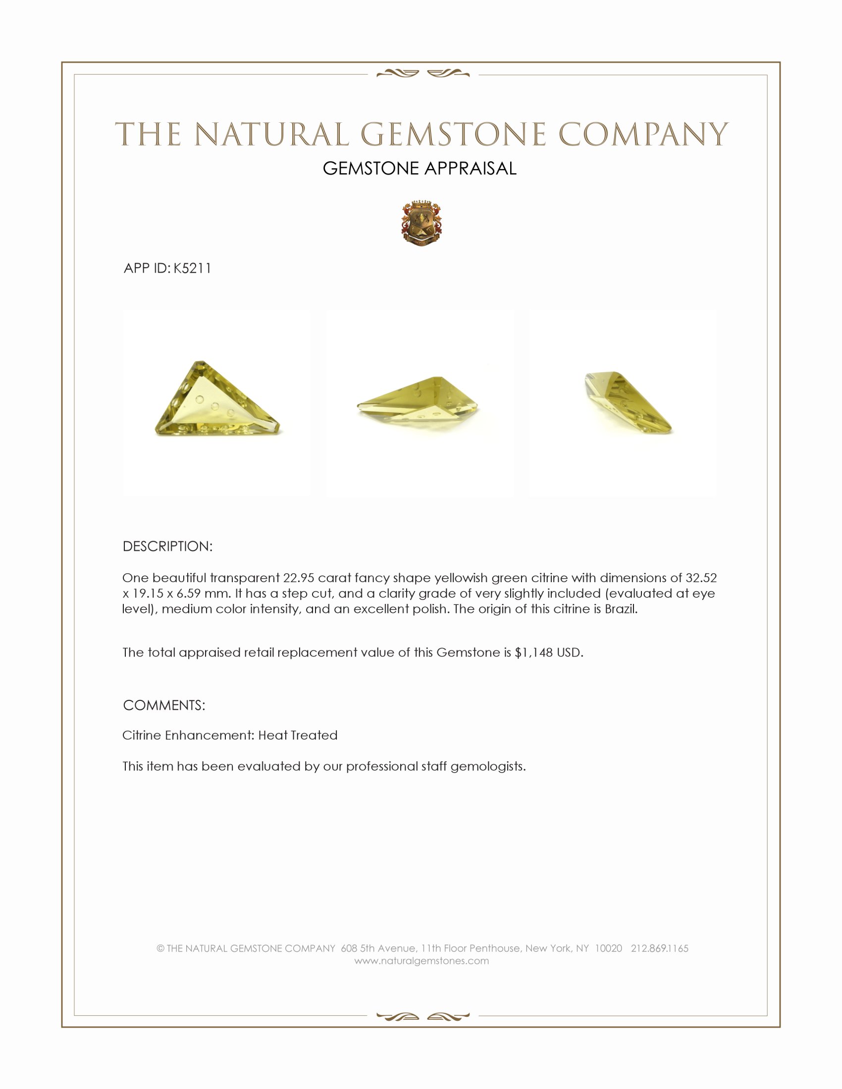 22.95 Ct. Yellowish Green Citrine from Brazil