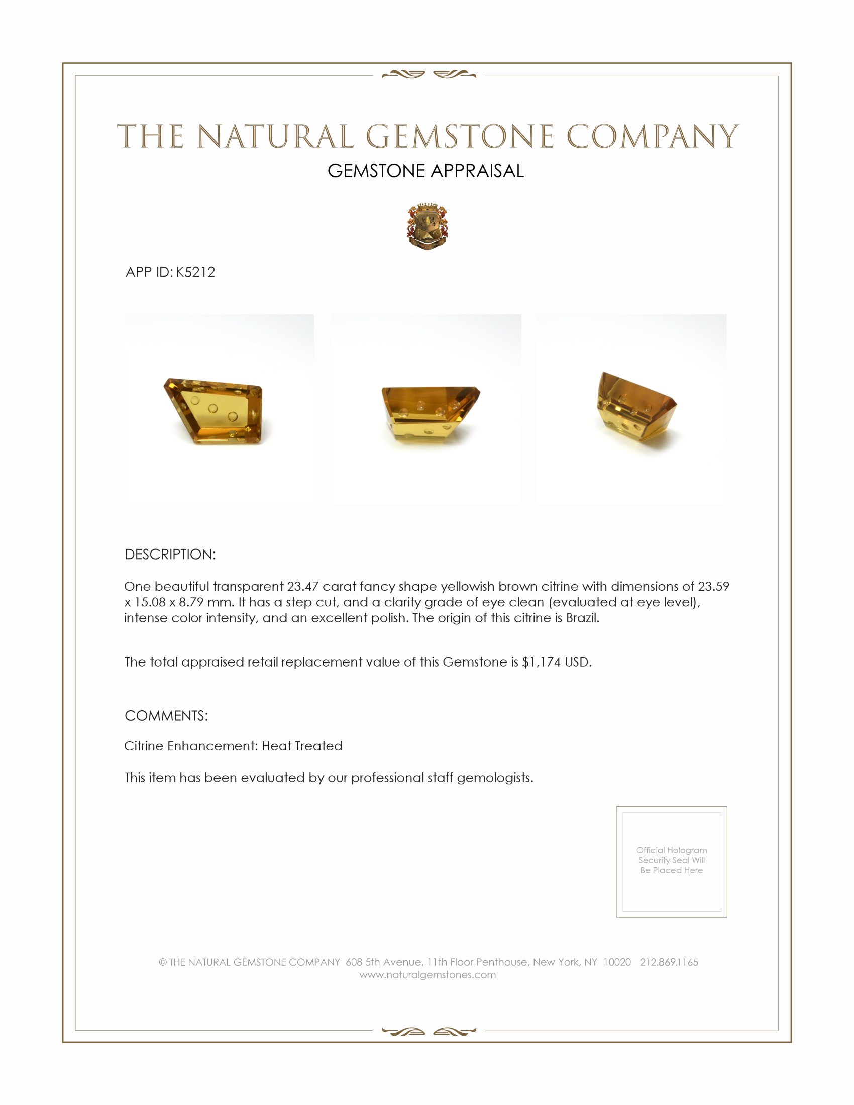 23.47 Ct. Yellowish Brown Citrine from Brazil