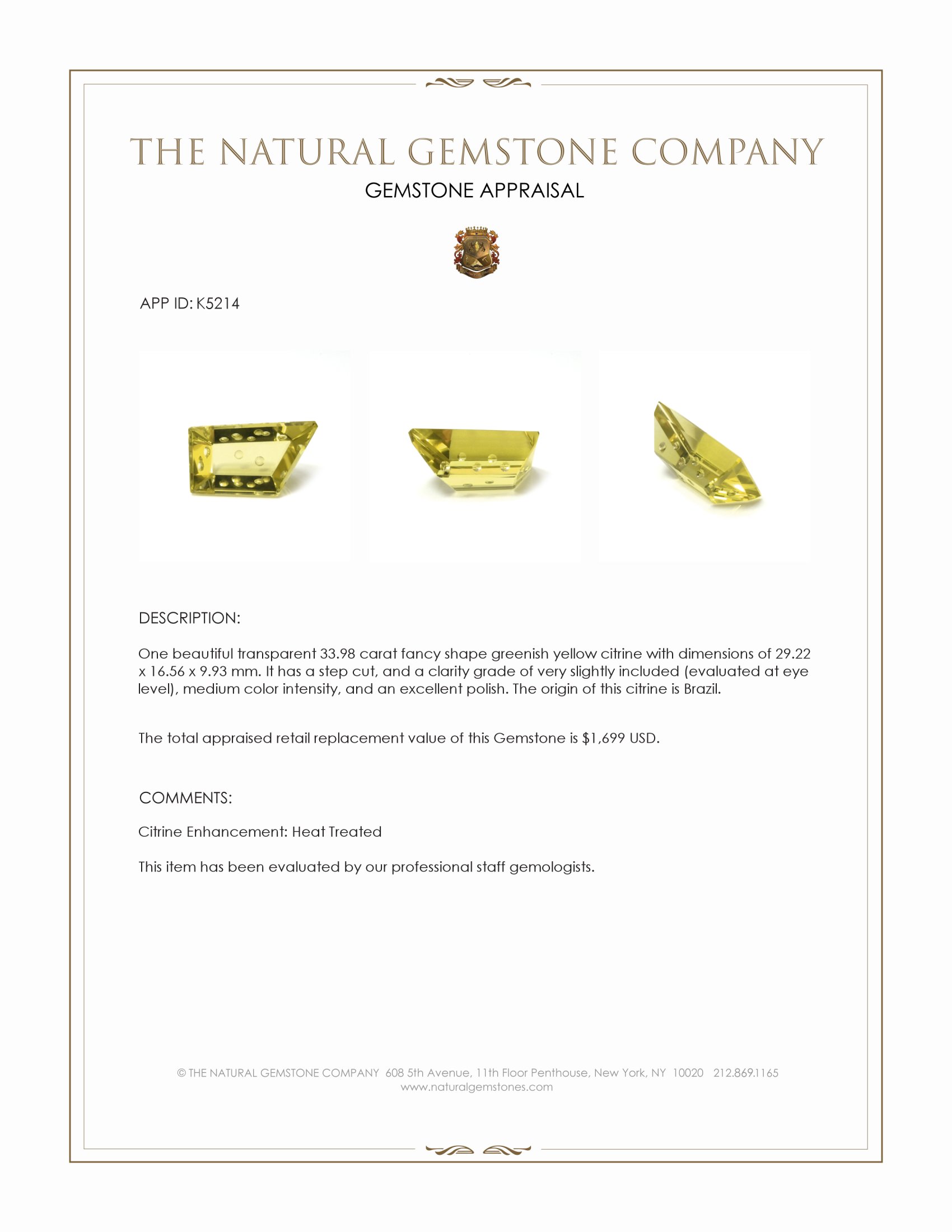 33.98 Ct. Greenish Yellow Citrine from Brazil