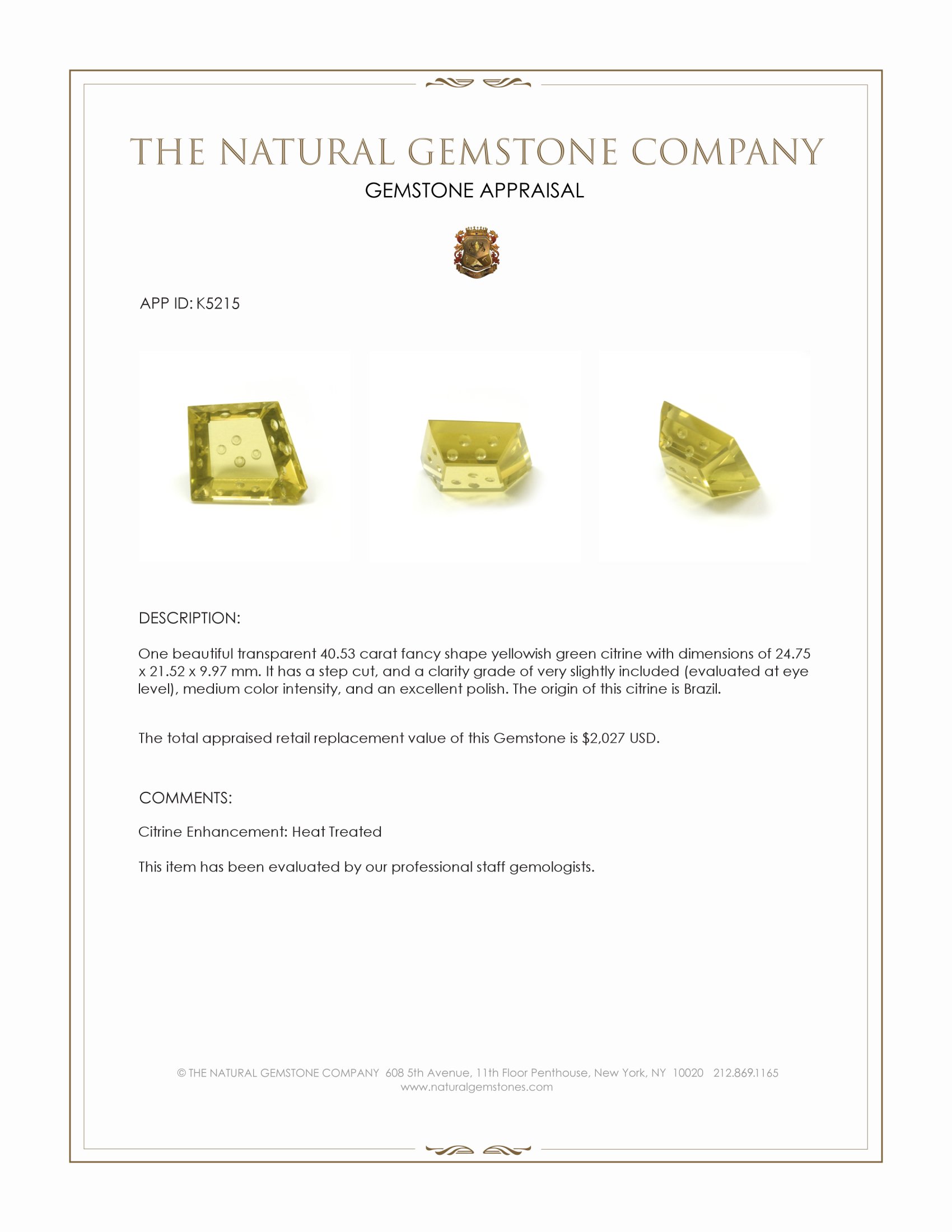 40.53 Ct. Yellowish Green Citrine from Brazil