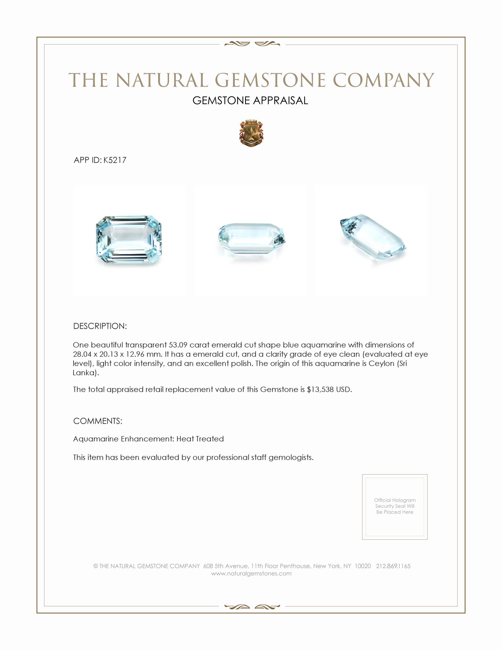 53.09 Ct. Aquamarine from Ceylon (Sri Lanka)