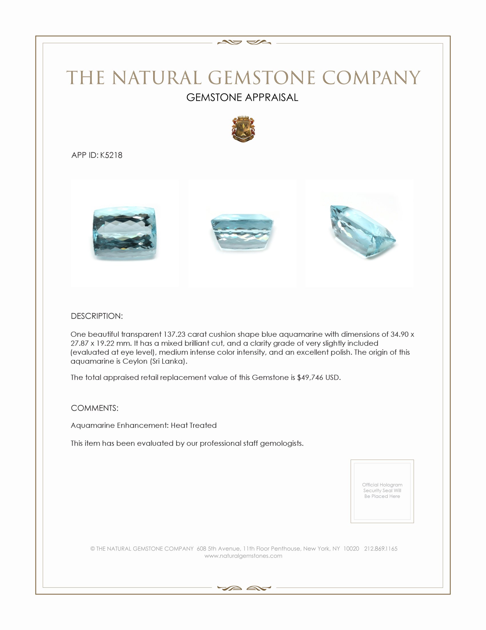 137.23 Ct. Aquamarine from Ceylon (Sri Lanka)