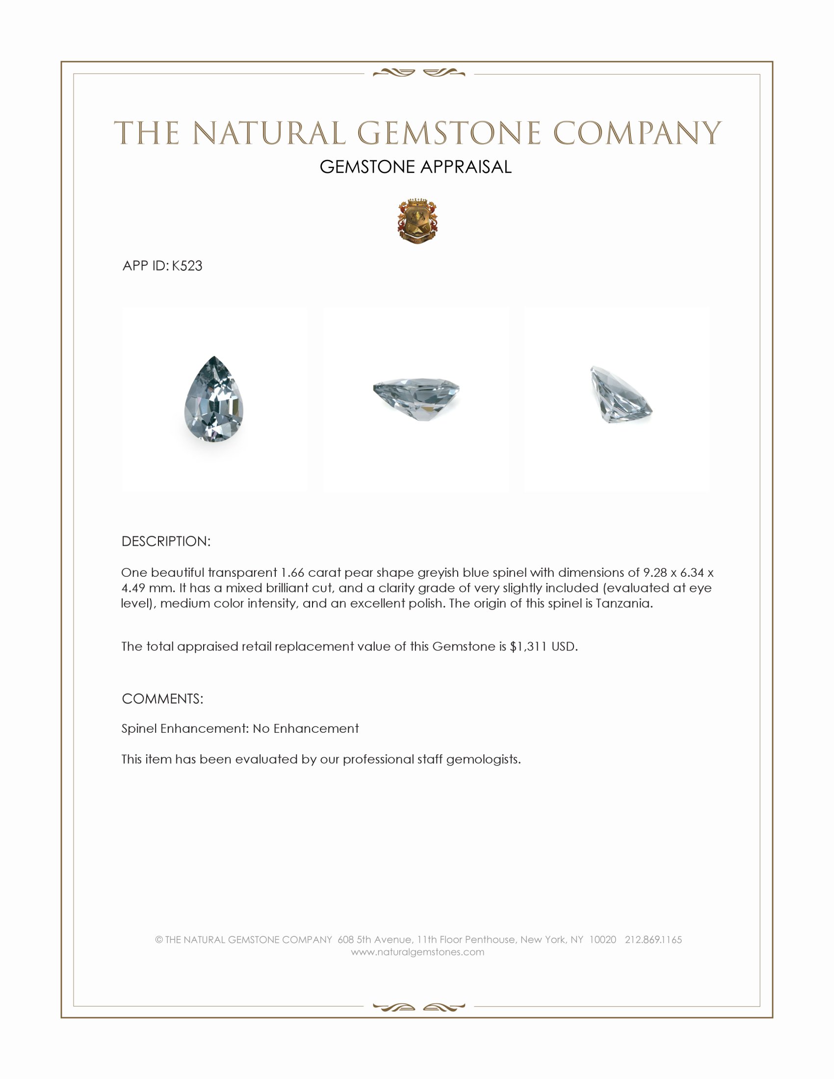 1.66 Ct. Greyish Blue Spinel from Tanzania