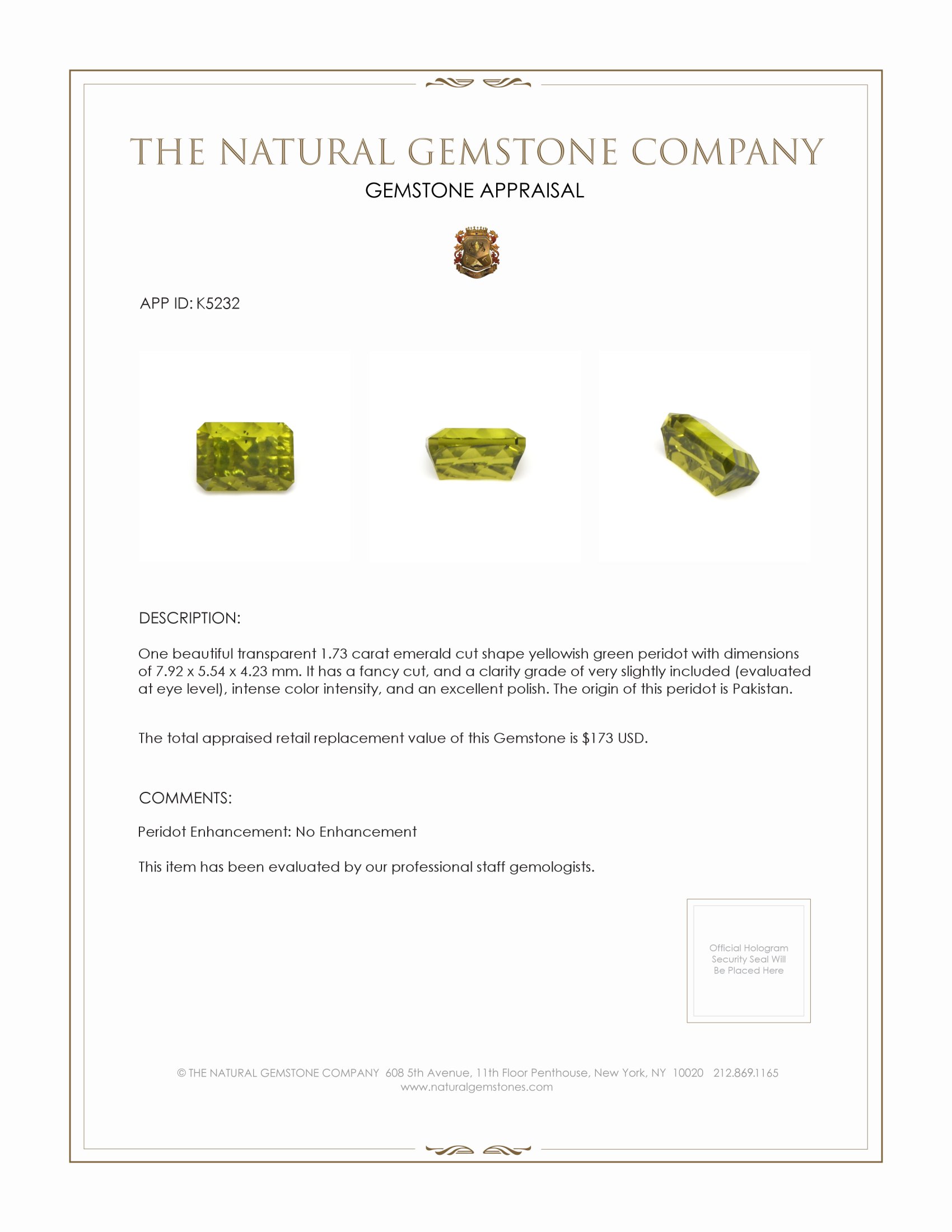 1.73 Ct. Peridot from Pakistan