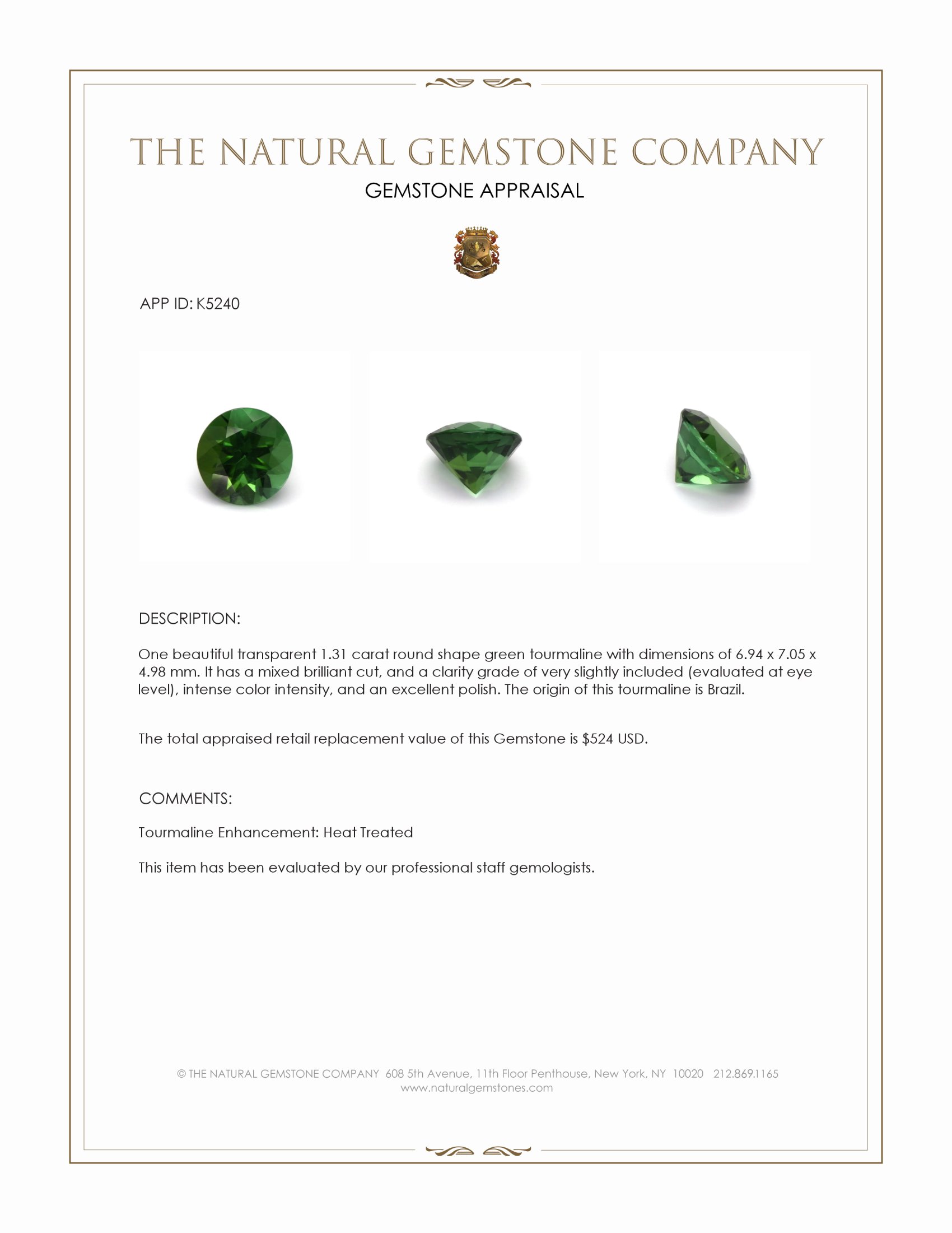1.31 Ct. Green Tourmaline from Brazil