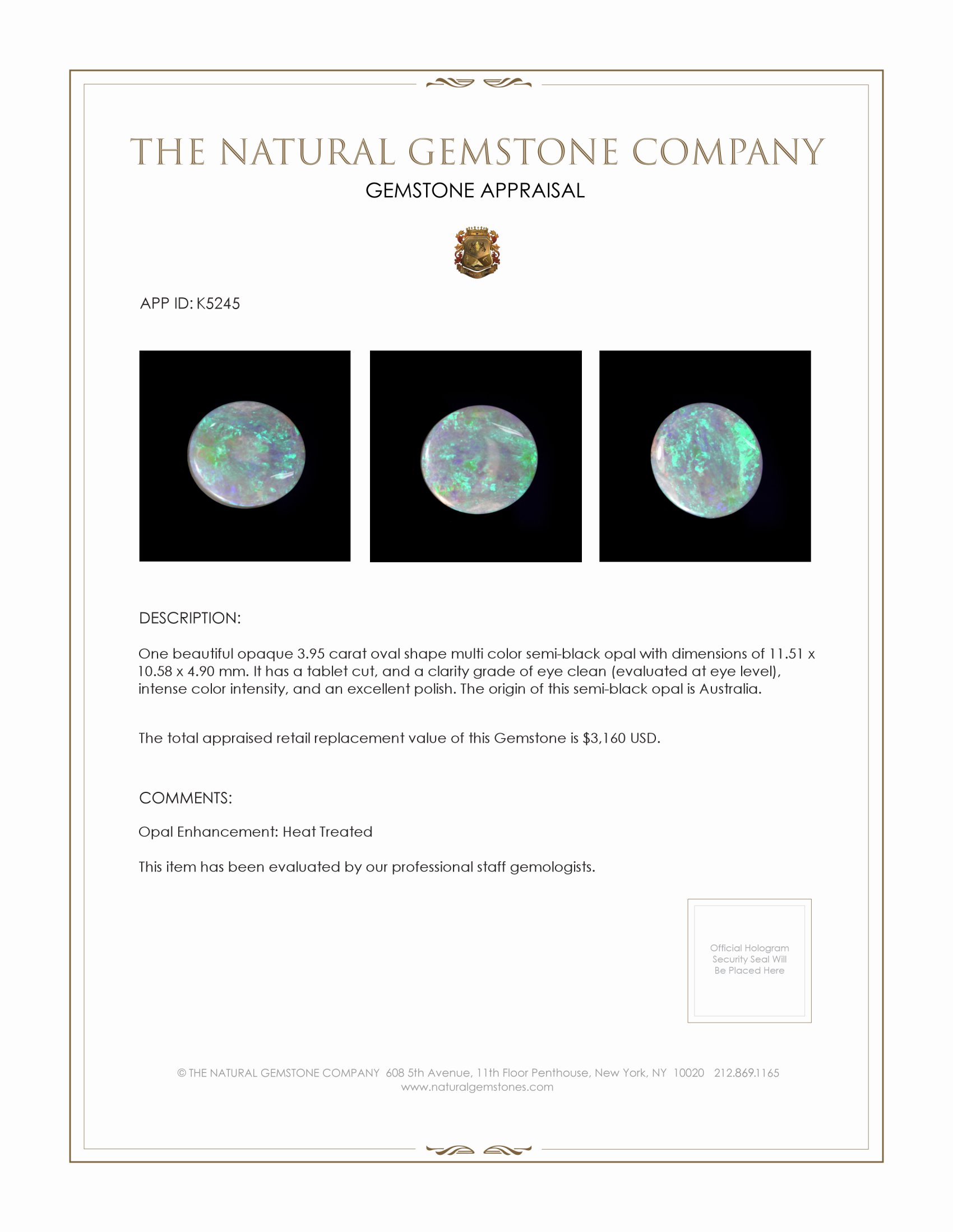 3.95 Ct. Semi-Black Opal from Australia