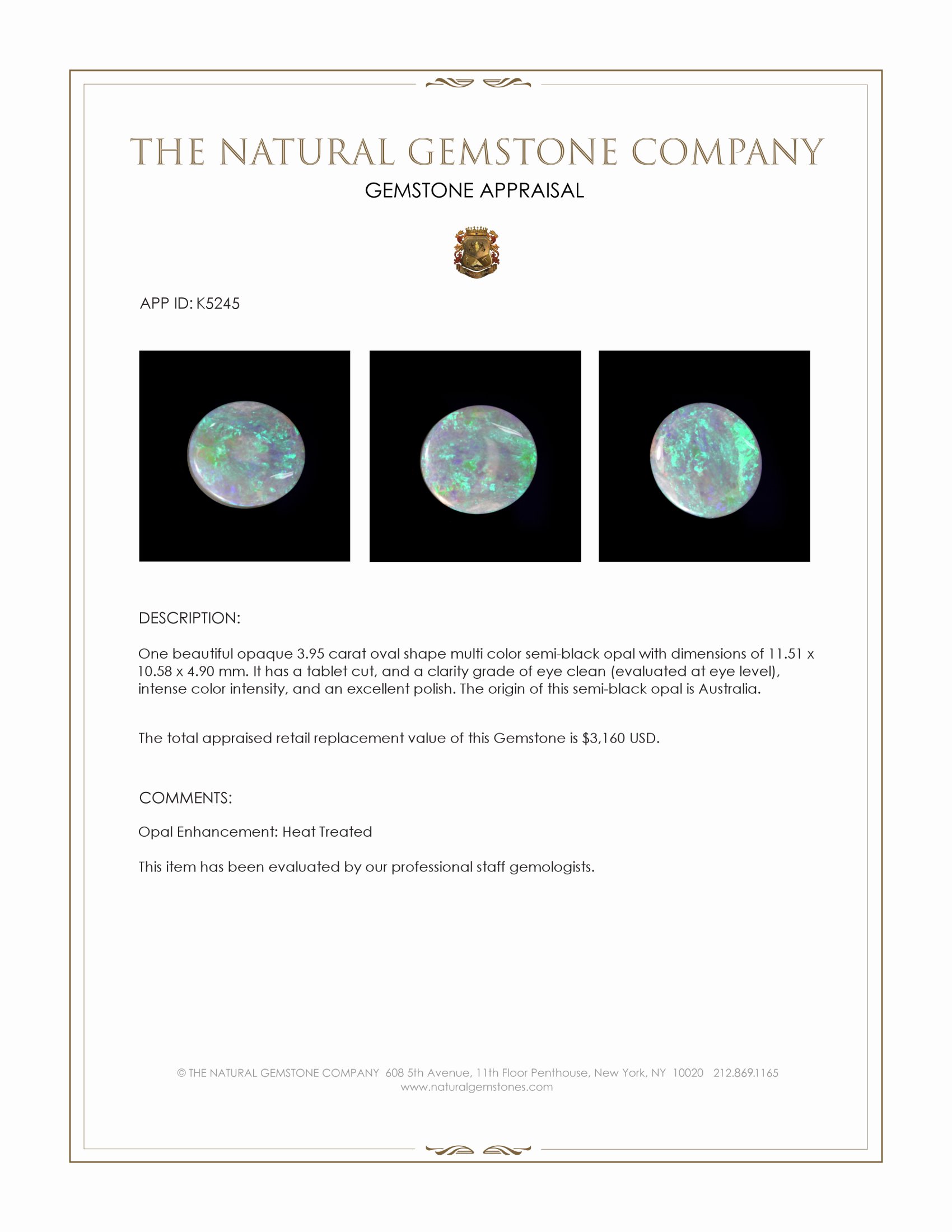 3.95 Ct. Multi Color Semi-Black Opal from Australia