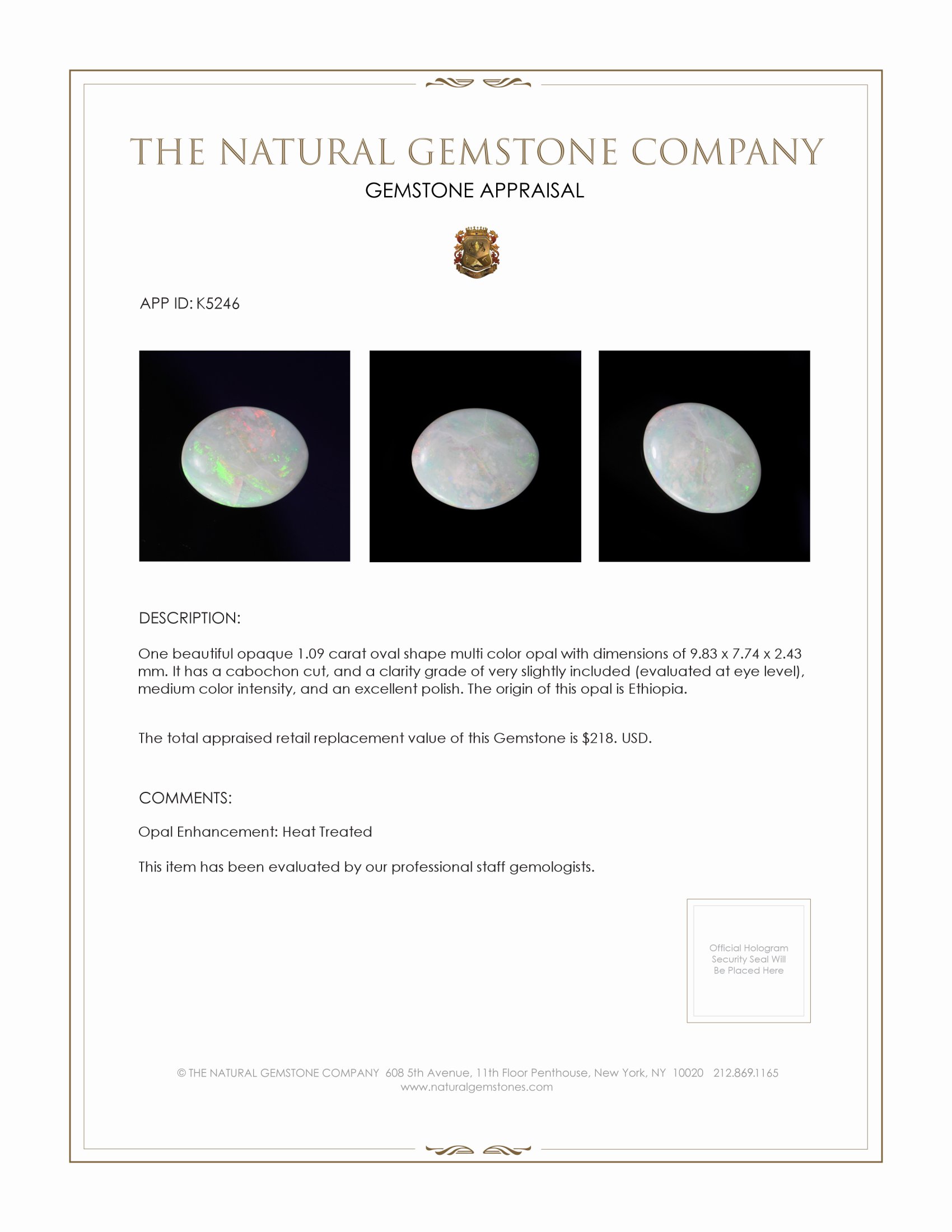 1.09 Ct. Cabochon White Opal from Ethiopia