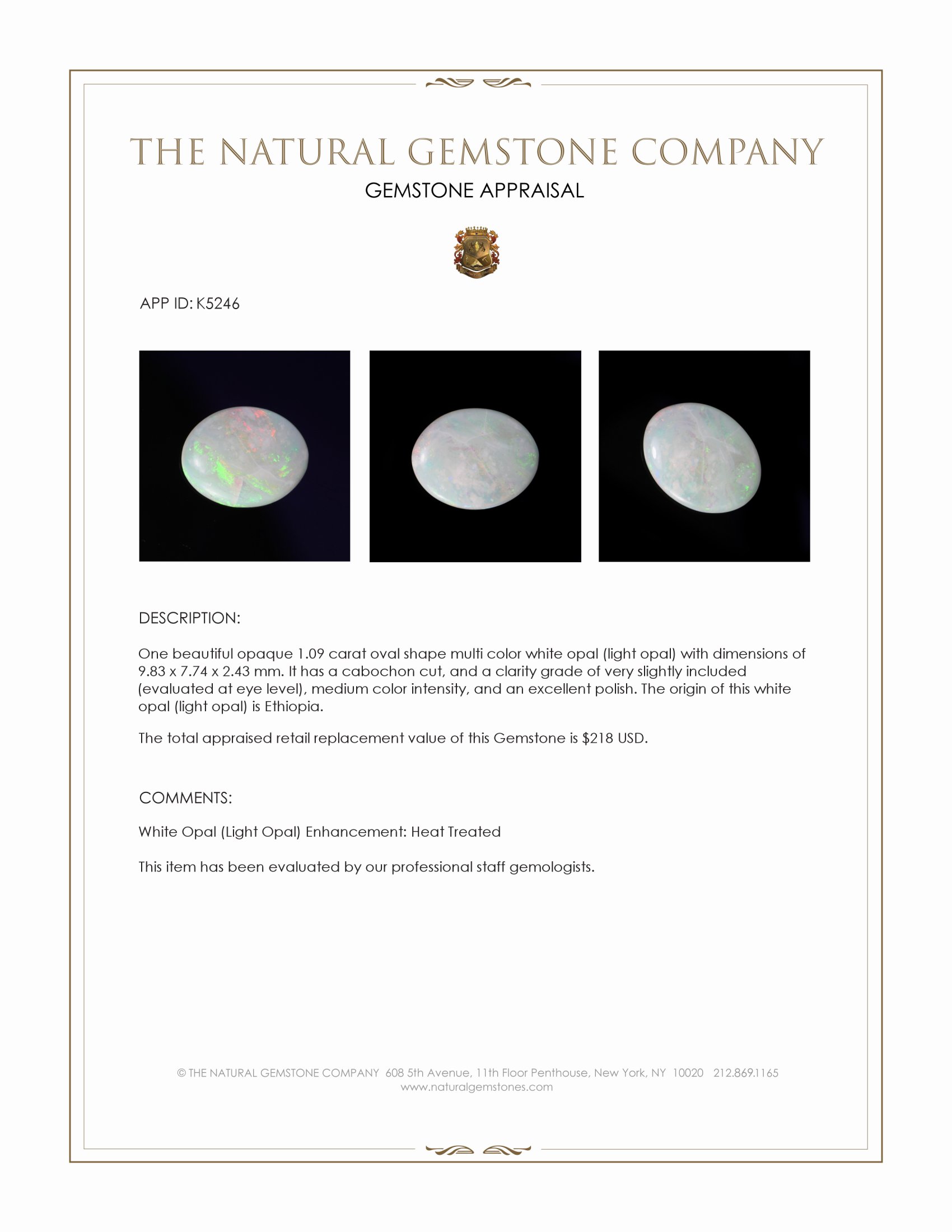 1.09 Ct. Multi Color Cabochon White Opal (Light Opal) from Ethiopia