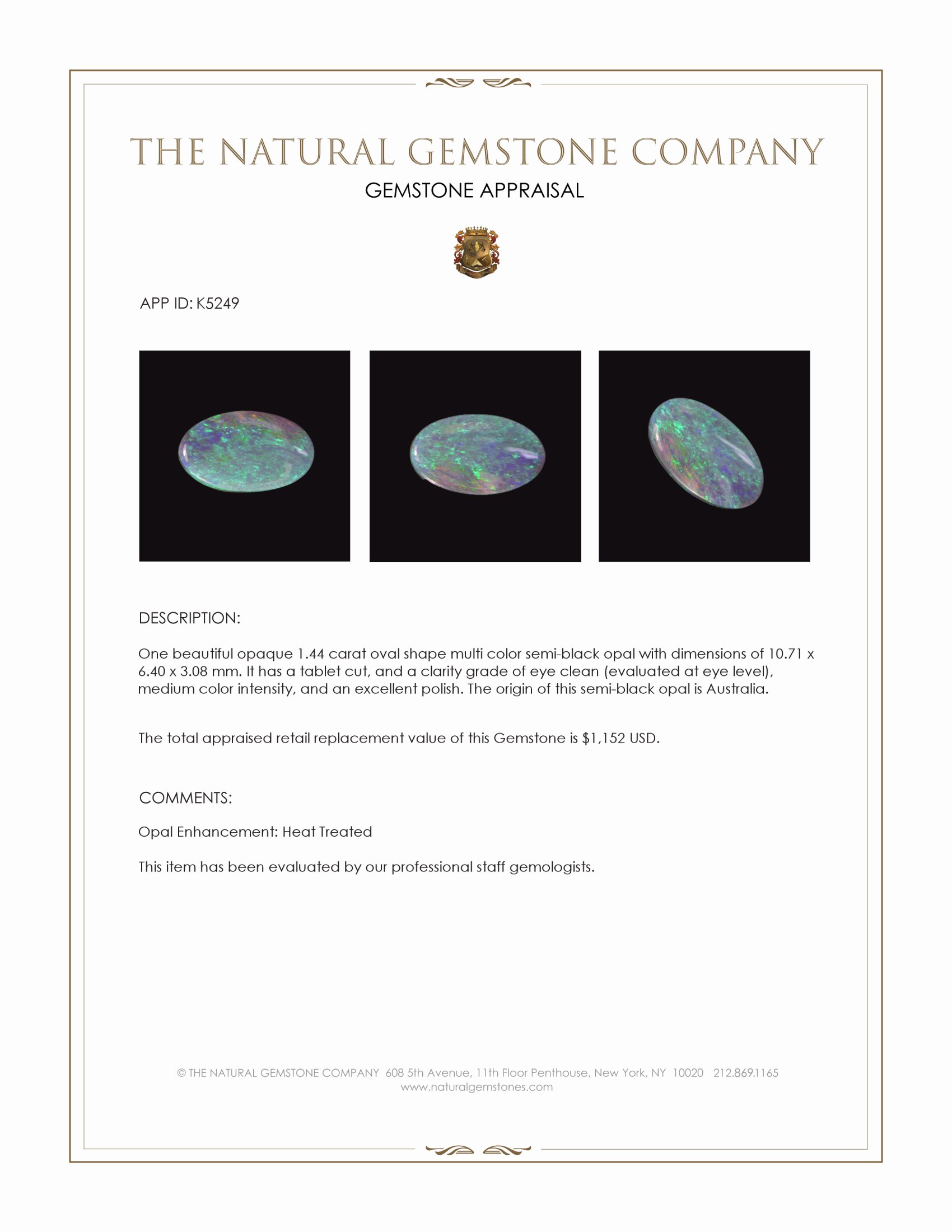 1.44 Ct. Multi Color Semi-Black Opal from Australia