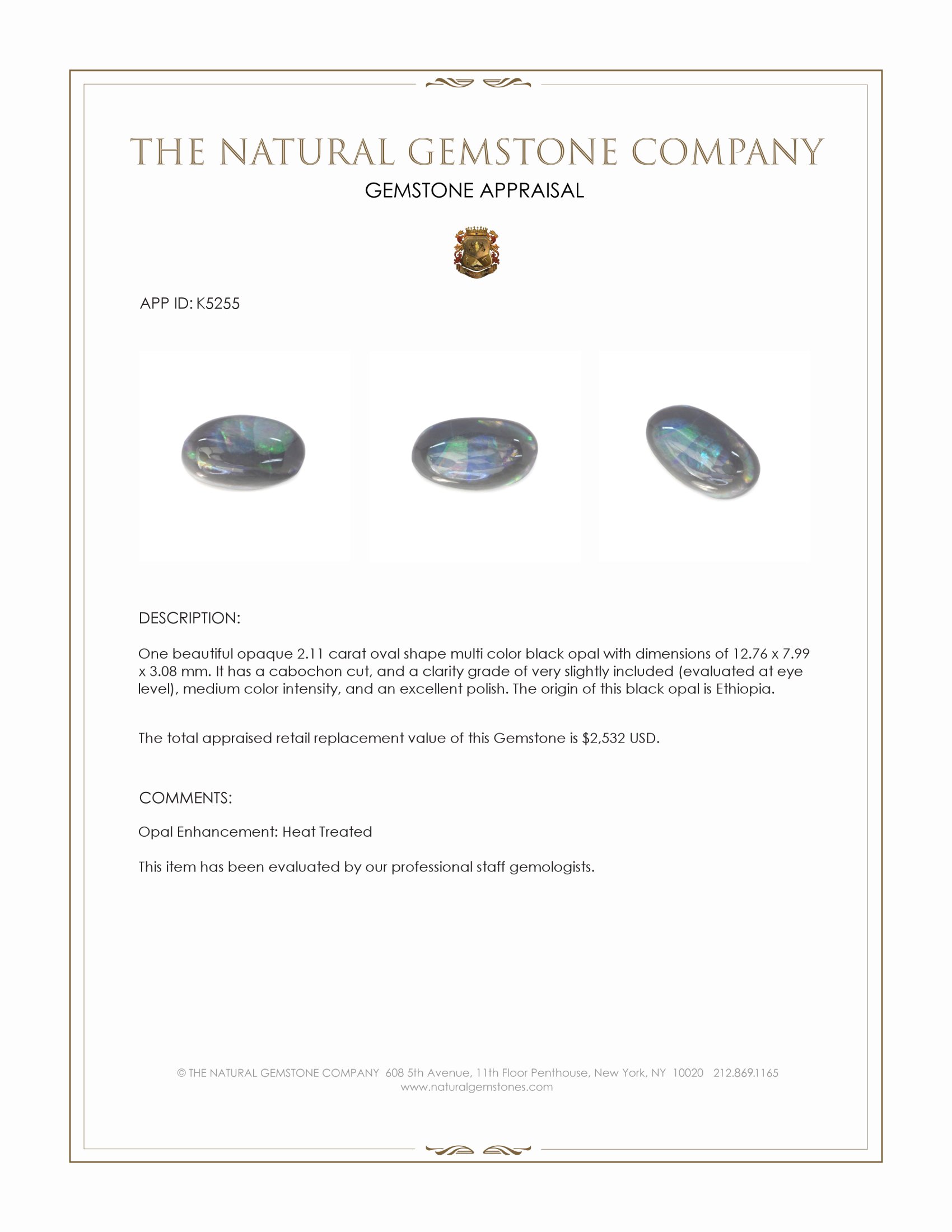 2.11 Ct. Multi Color Cabochon Black Opal (Dark Opal) from Ethiopia