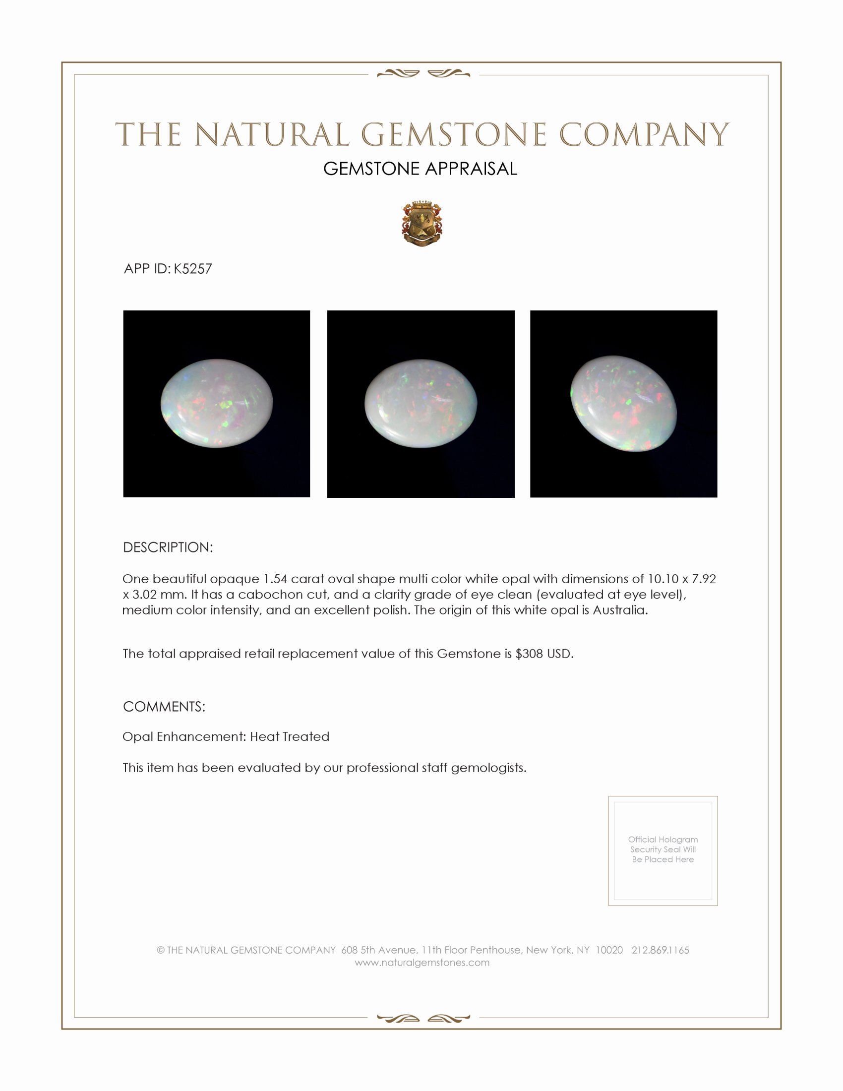 1.54 Ct. Multi Color Cabochon White Opal from Australia