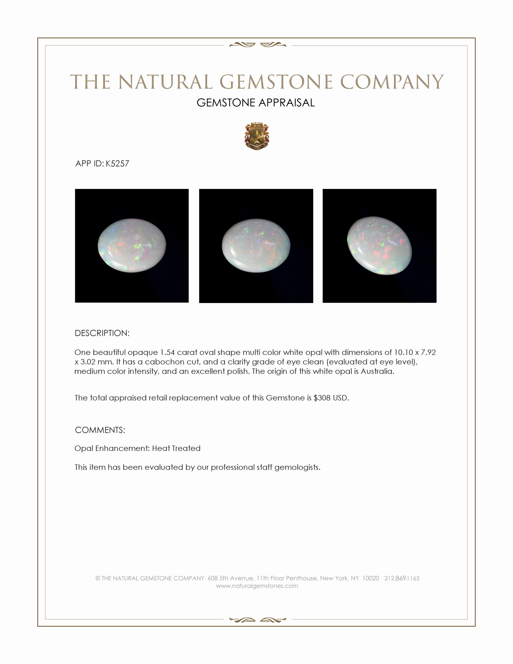 1.54 Ct. Cabochon White Opal from Australia