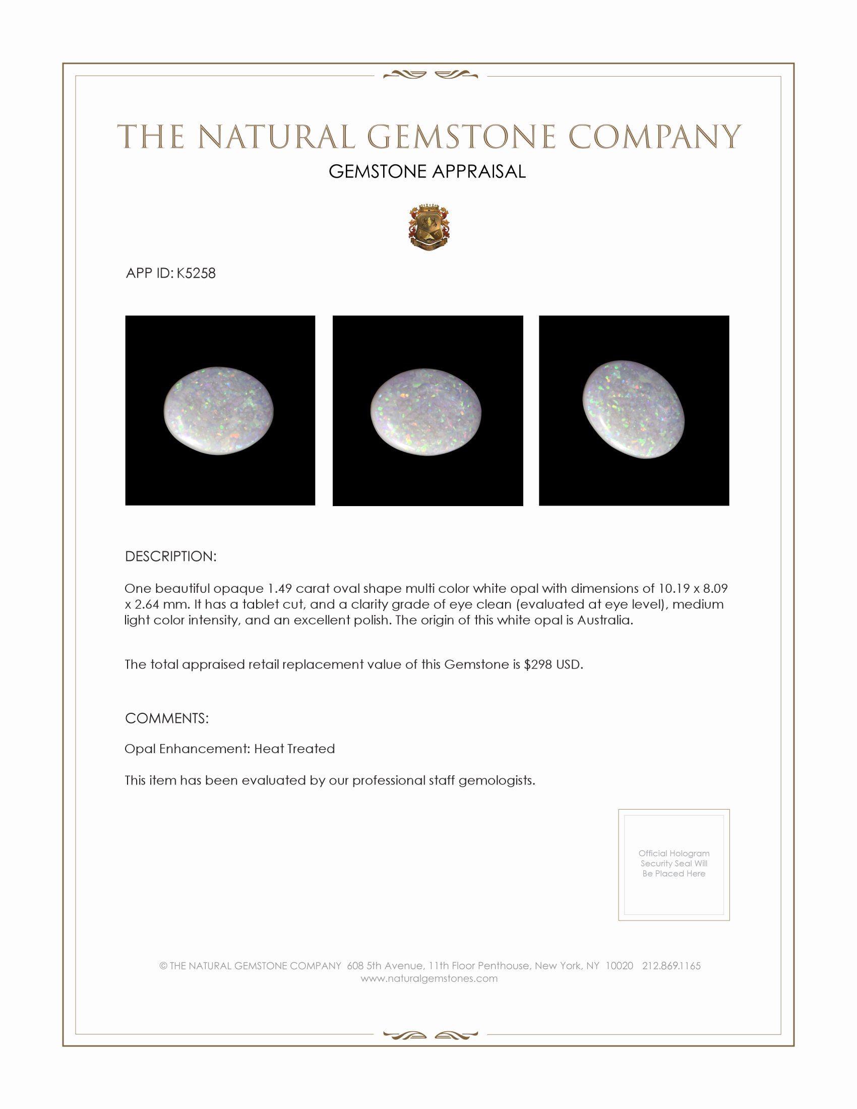 1.49 Ct. Multi Color White Opal from Australia