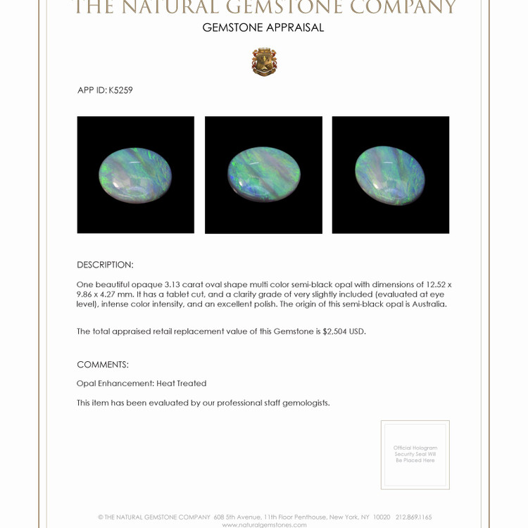 3.13 Ct. Semi-Black Opal from Australia