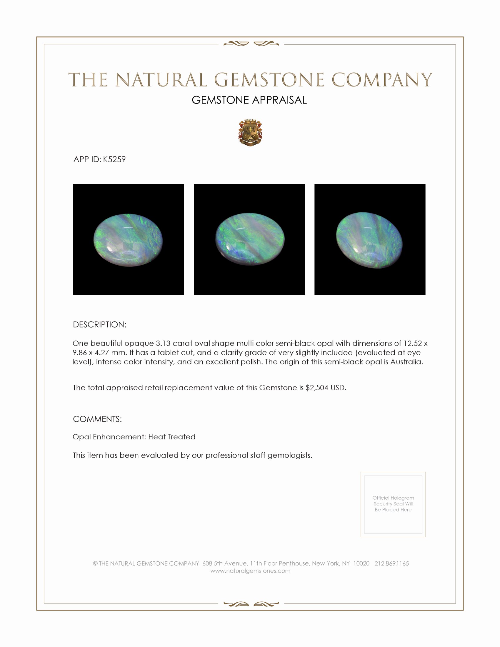 3.13 Ct. Semi-Black Opal from Australia