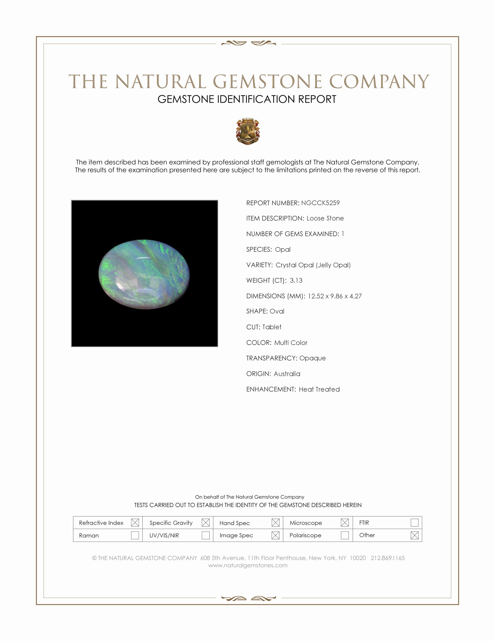 3.13 Ct. Multi Color Crystal Opal (Jelly Opal) from Australia