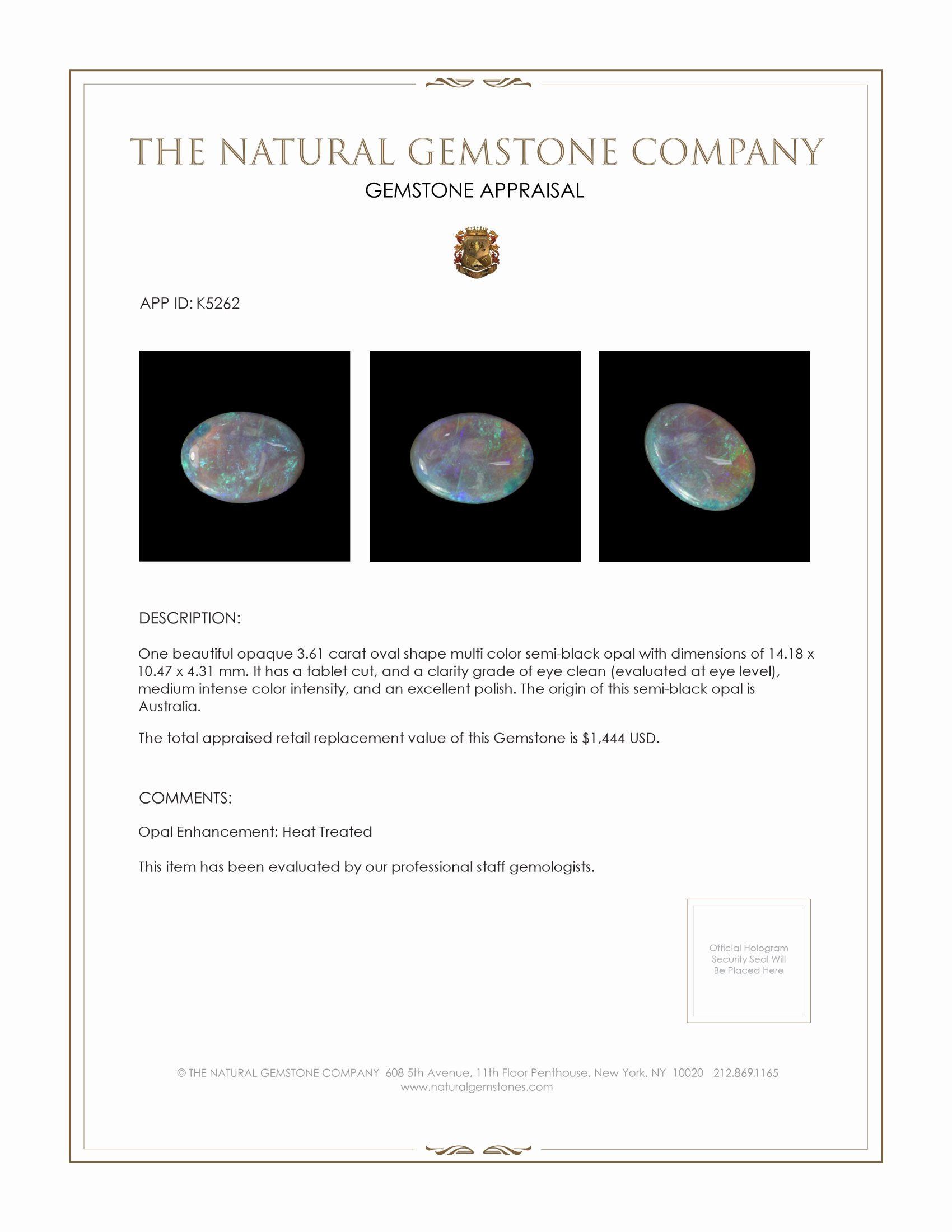 3.61 Ct. Semi-Black Opal from Australia