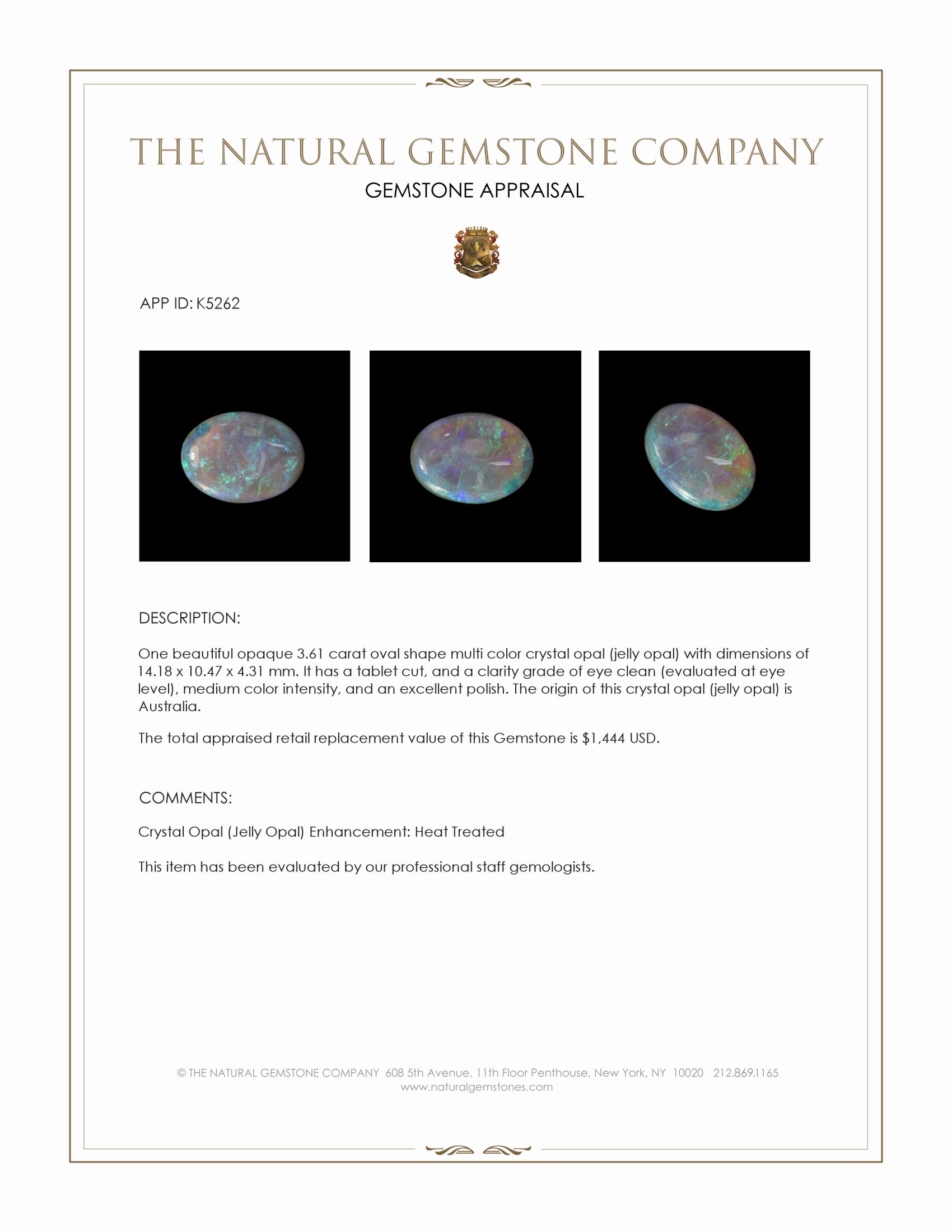 3.61 Ct. Multi Color Crystal Opal (Jelly Opal) from Australia