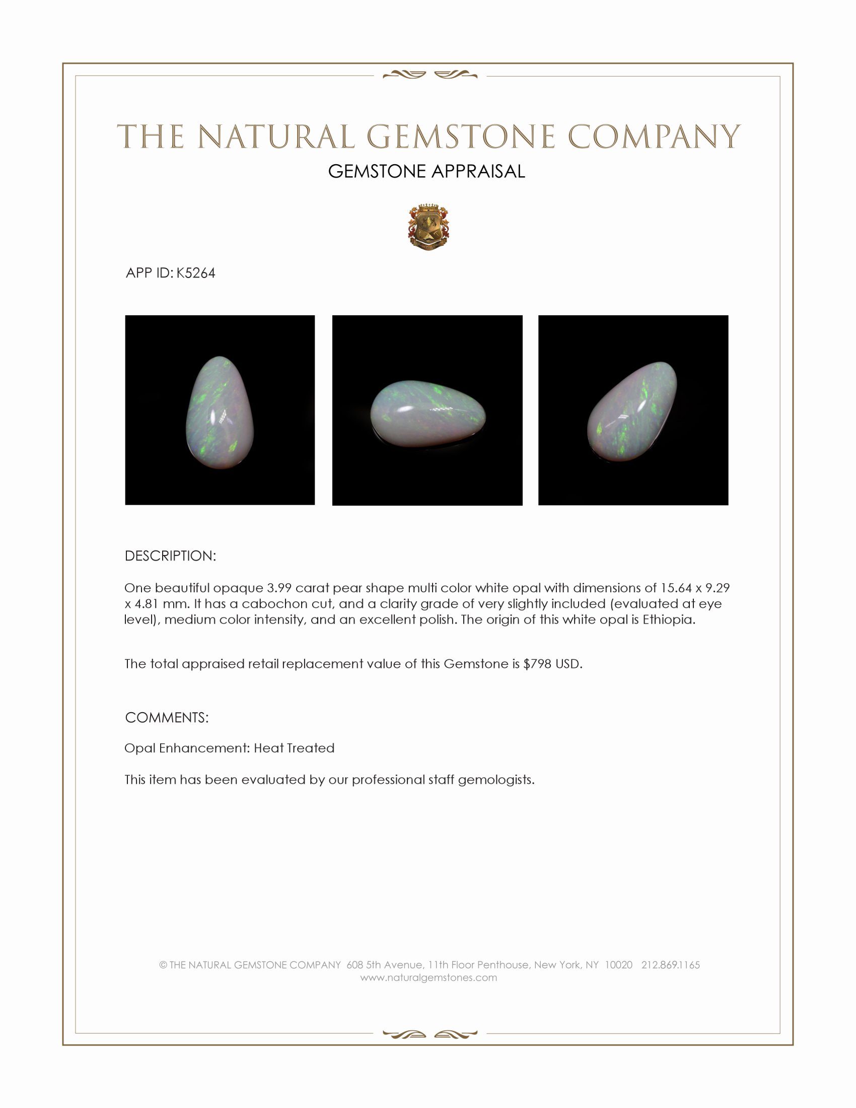 3.99 Ct. Multi Color Cabochon White Opal from Ethiopia