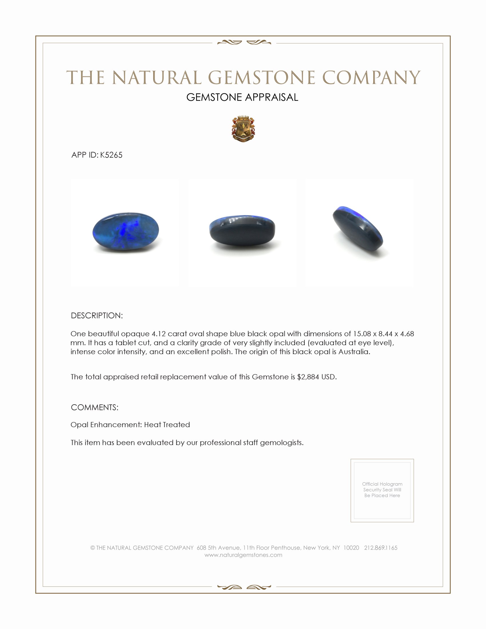 4.12 Ct. Blue Black Opal from Australia