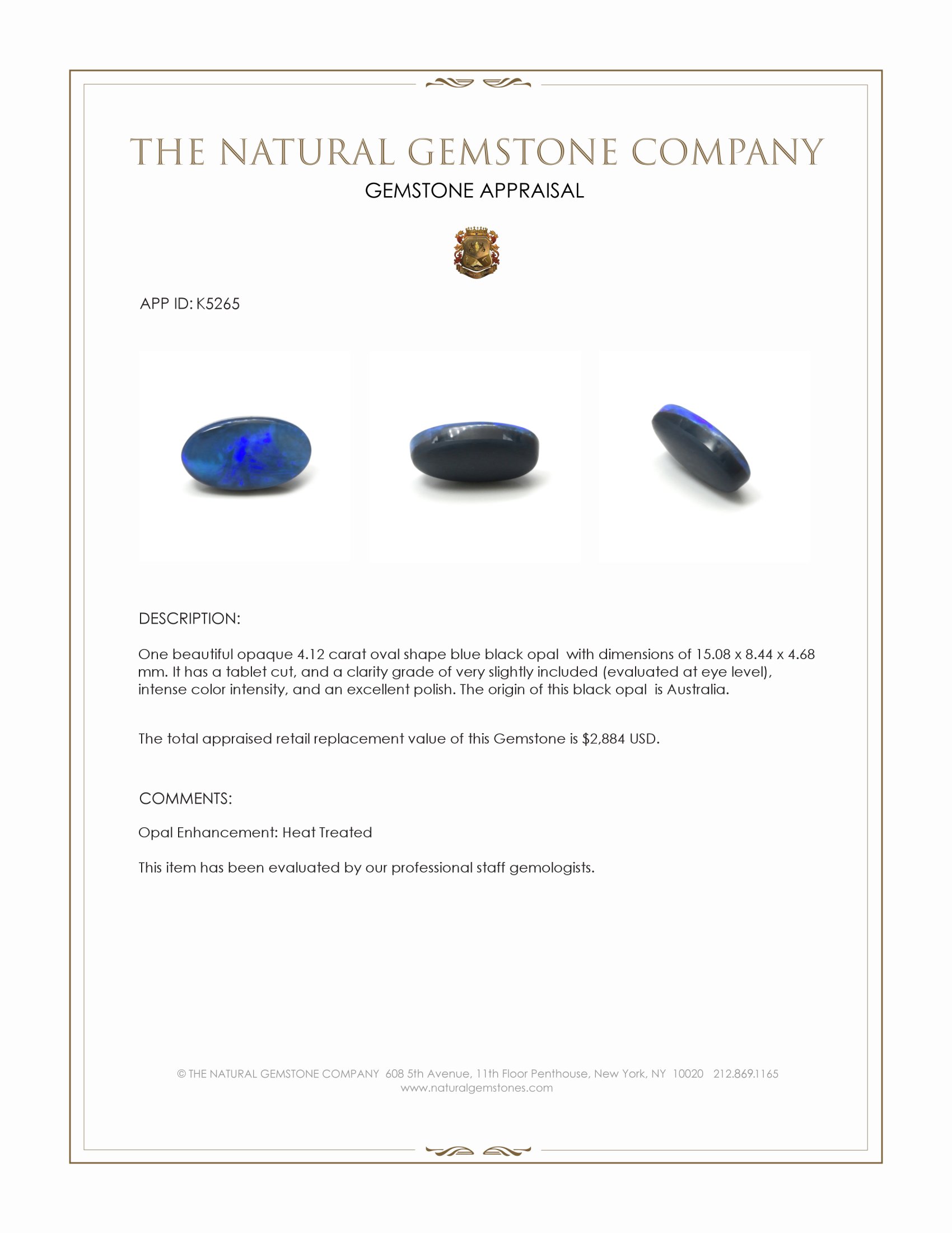 4.12 Ct. Blue Black Opal (Dark Opal) from Australia