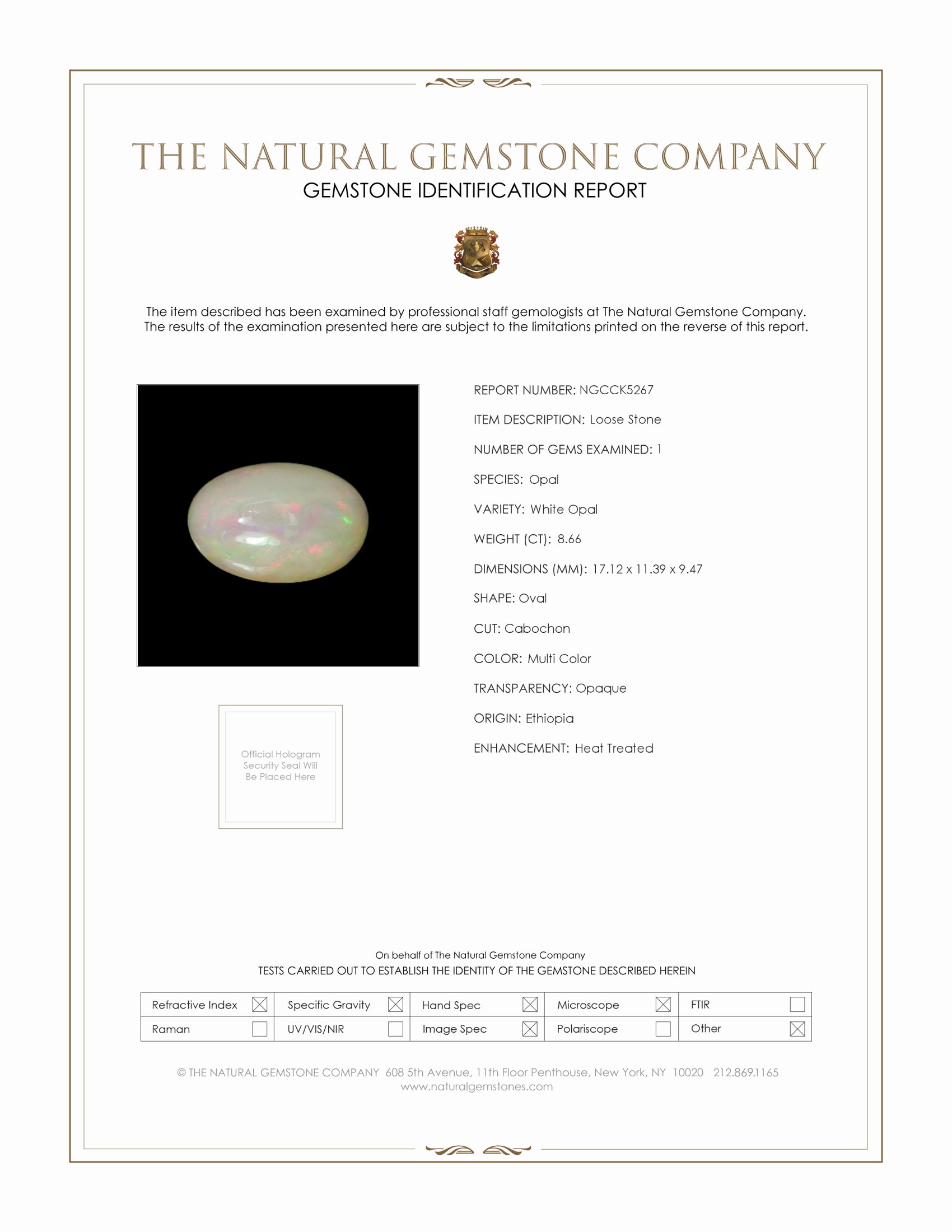 8.66 Ct. Multi Color Cabochon White Opal (Light Opal) from Australia