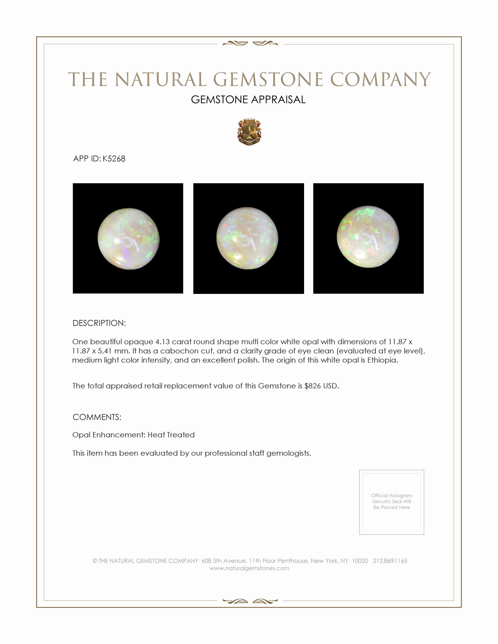 4.13 Ct. Cabochon White Opal from Ethiopia